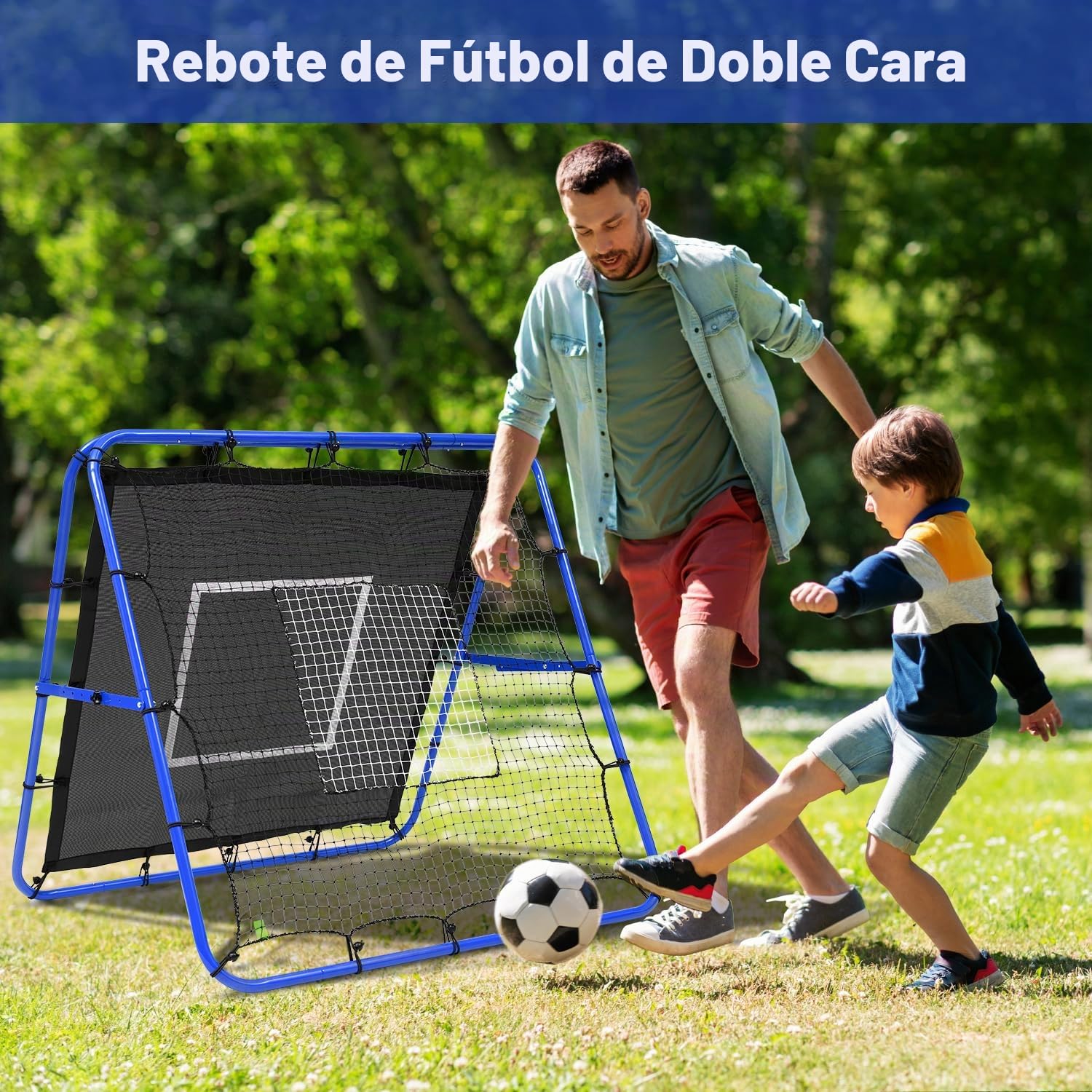 Bagail red de rebote de doble cara,barra de pintura reforzada, ángulo ajustable, estructura plegable, red de rebote con objetivos de entrenamiento de habilidades, portería de fútbol portátil de jardín