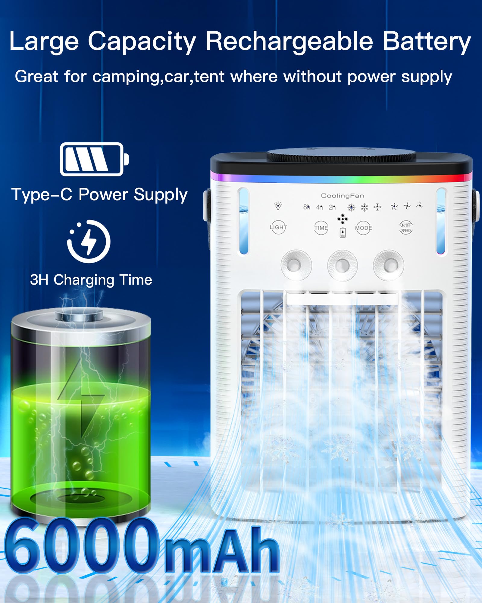 Battery Powered Air Conditioner 6000mAh,Rechargeable Small Air Conditioner  for Room,Personal Air Cooler with Mist,Timer,Light,Portable Mini AC Unit