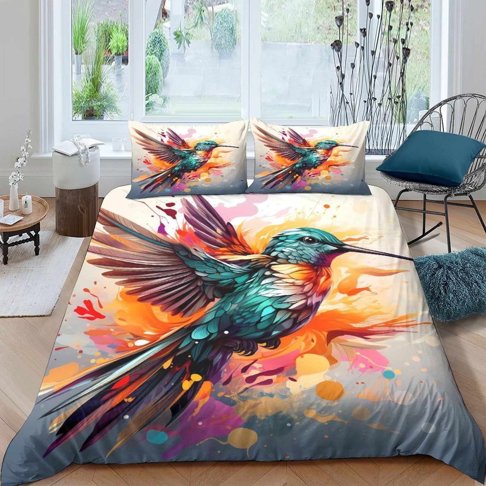 Ctjqhvkz Style-4 3D Printed Watercolor Hummingbird Fitted Sheet Microfiber Soft Mattress Cover Artistic Bird Decor For Bedroom Home Single（135X200cm）