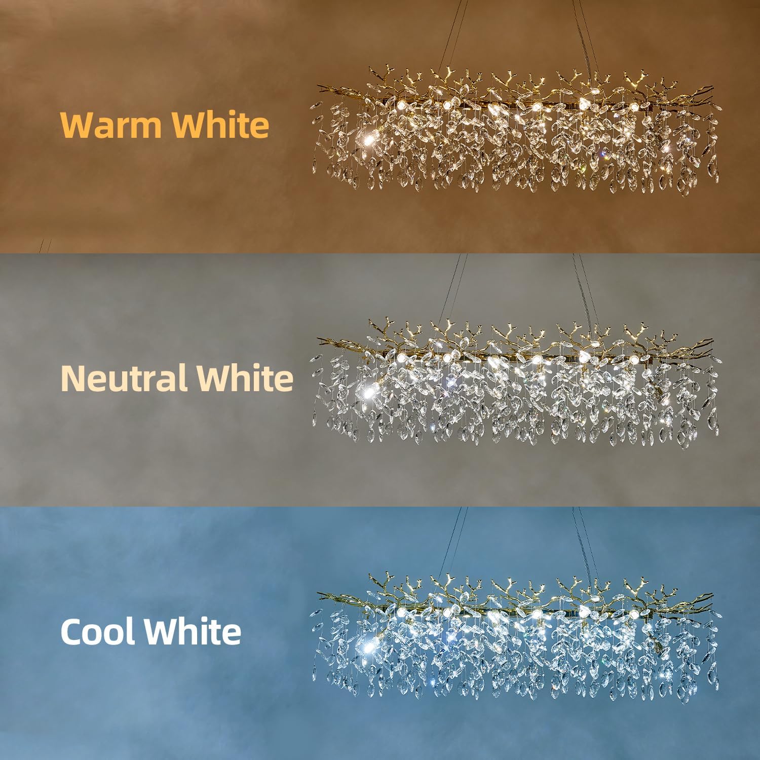 Modern Rectangular Chandelier, 47.3" Gold Crystal Tree Branch Chandelier 14 Lights Luxury Raindrop Light for Dining Room, Kitchen Island, Living Room