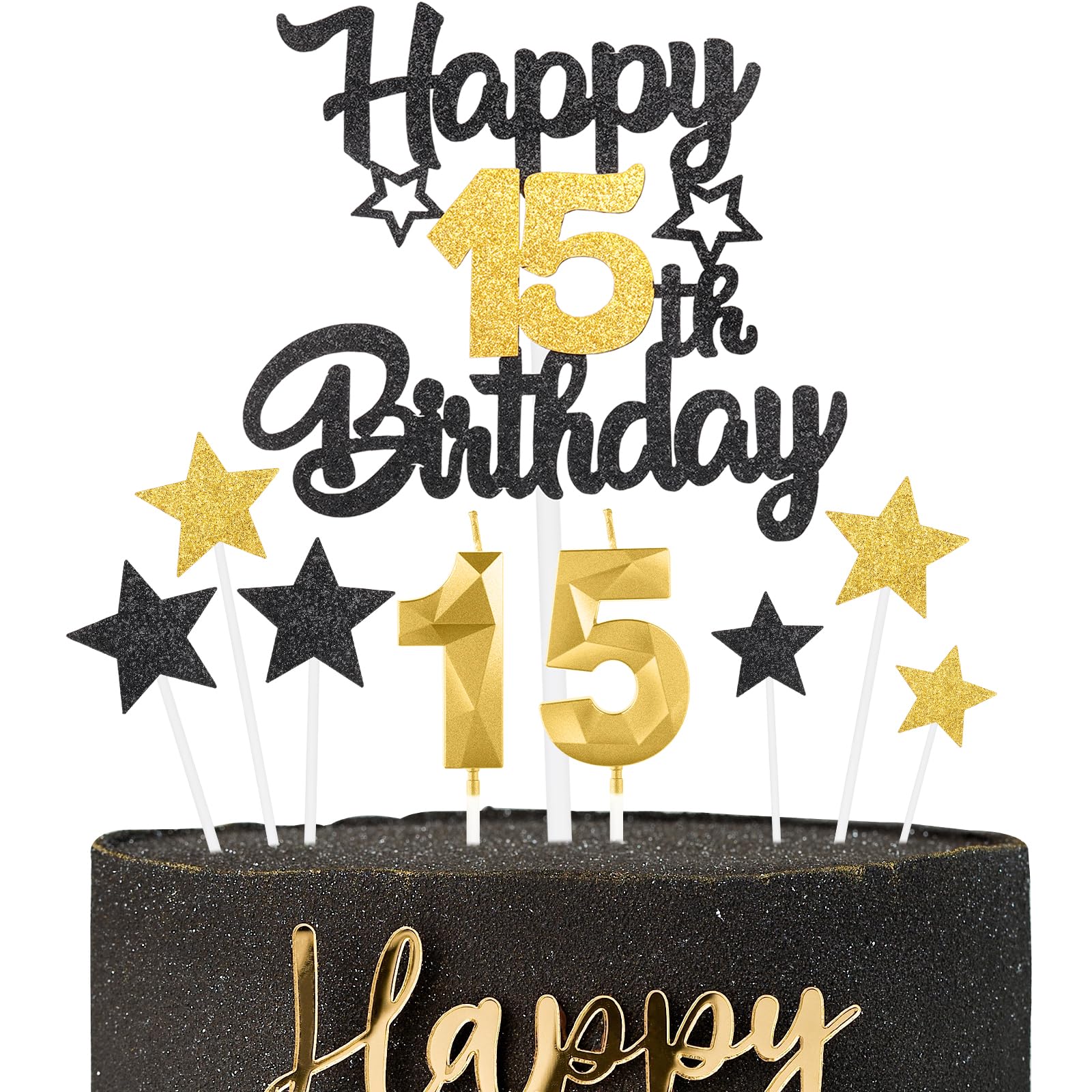 Black Gold Happy 15th Birthday Candles Cake Topper Set,Gold Number 15 Birthday Candles with Black Gold 15th Birthday Cake Toppers Star Cupcake Toppers for Girl Boy Birthday Anniversary Decorations
