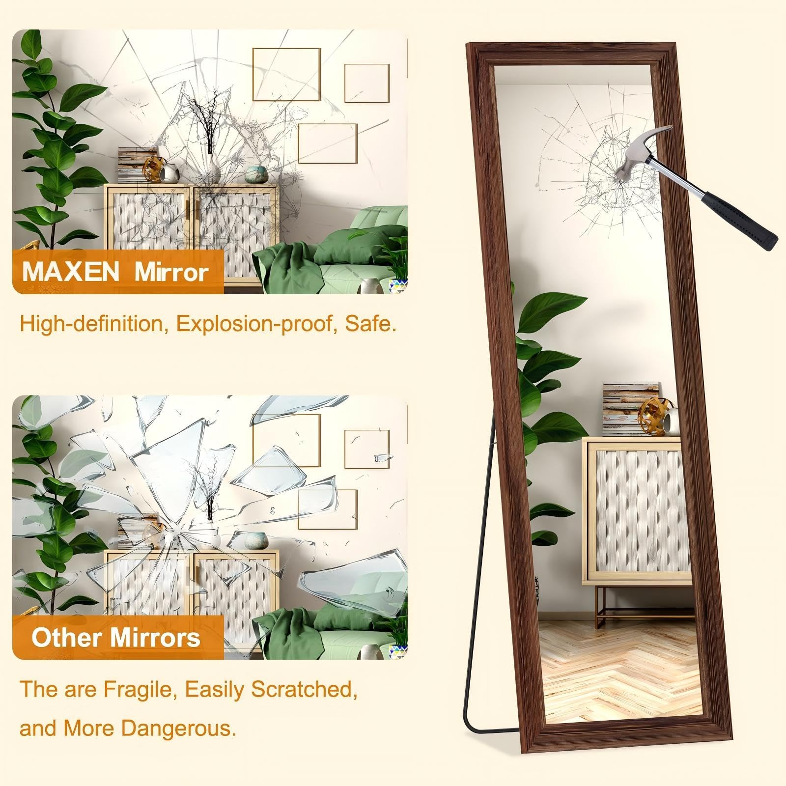MAXEN Großer Ganzkörperspiegel 165x56 cm, Standspiegel & Wandspiegel mit Massivholz-Rahmen, Rechteckig, Bruchsicher, für Schlafzimmer & Wohnzimmer, Braun