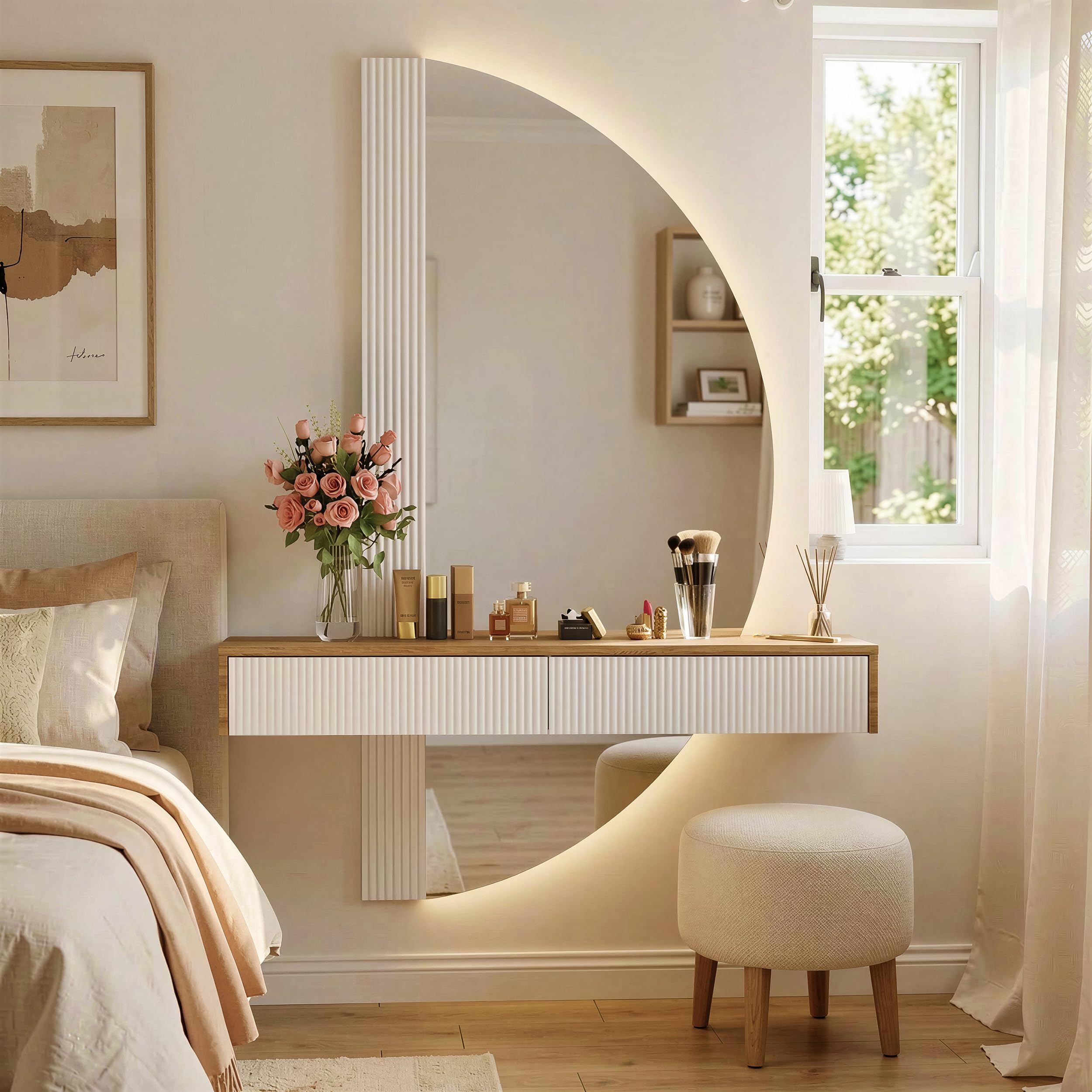 MSFE Tocador Flotante con luz LED y Espejo Semicircular, Penteadeira,Mesa de Maquillaje de Pared con 2 Cajones, Tocador de Maquillaje, Altura Regulable, Ahorro de Espacio, 120 x 40 x 160cm