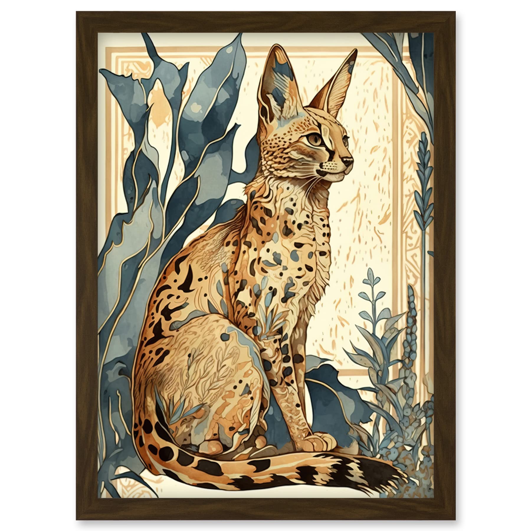 Artery8 Serval Cat with Teal Plants Watercolour Portrait Modern Illustration Artwork Framed Wall Art Print A4