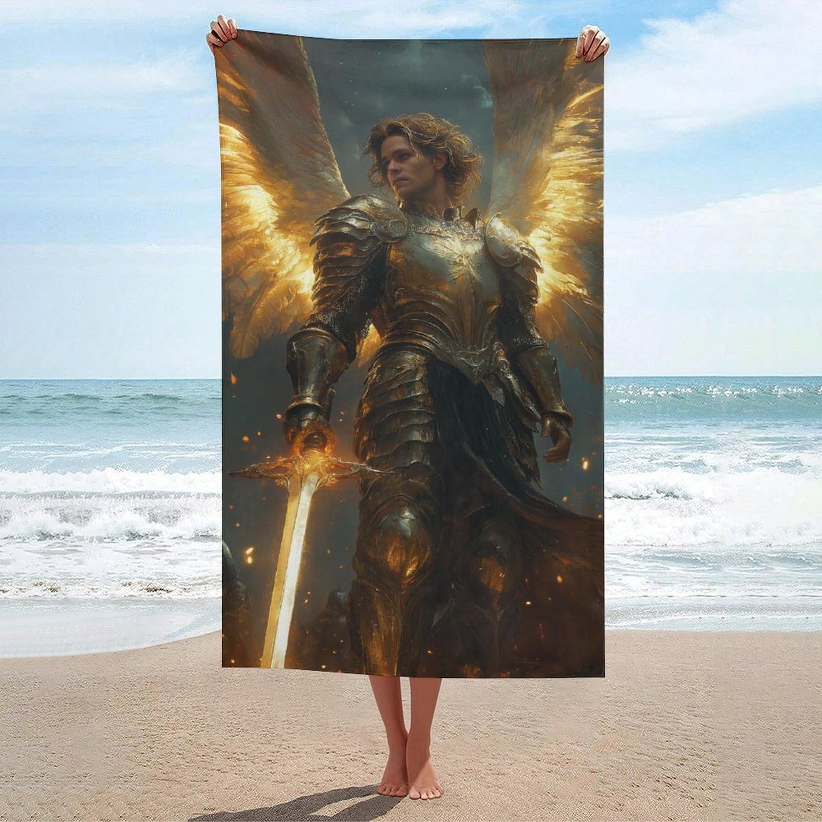 asbwuo Archangel Majestic Glowing Sword Beach Towel