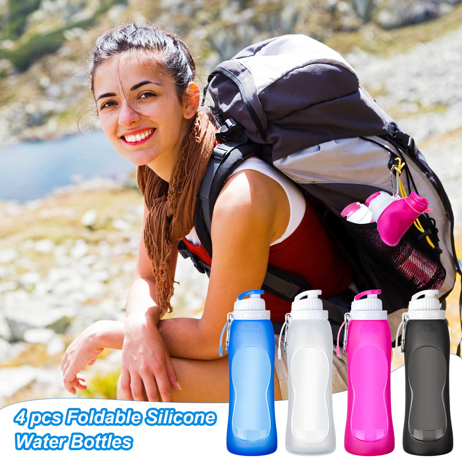 4 botellas de agua plegables de 17 onzas, 500 ml, botella plegable enrollable, de silicona, a prueba de fugas, para deportes, viajes, equitación, camping, senderismo, mochila