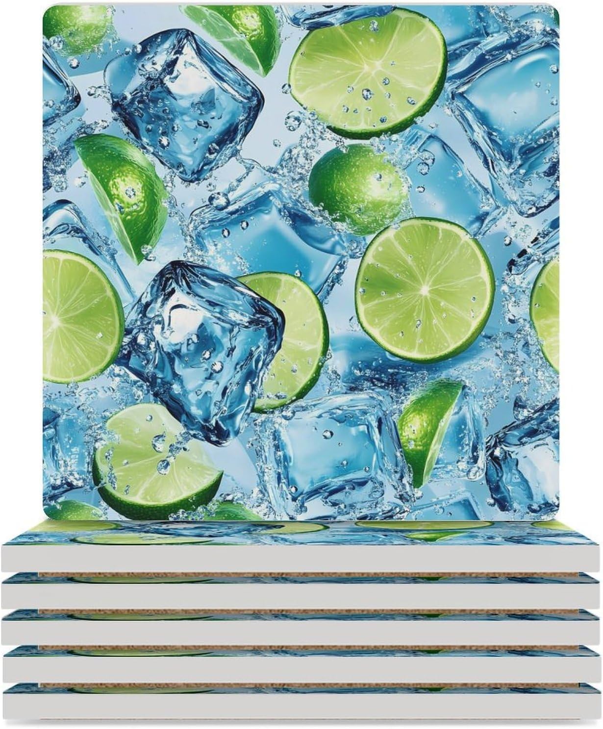 (Ice-Cubes) and Lime Slices Funny Ceramic Coasters for Drinks Absorbent Cup Holder Tabletop Protector with Cork Base