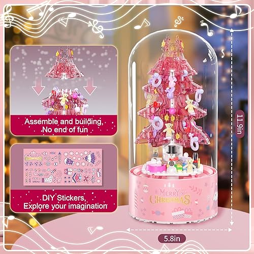 Miniatura 7 de Juego de bloques de construcción de árbol de Navidad, caja de música para regalos para niños, árbol de Navidad rosa con luz y nevadas automáticas,