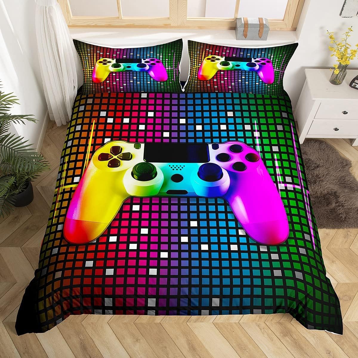 Homemissing Single Color Controller Comforter Cover Set - Geometric Grid Duvet Cover for Children's Boys and Girls - Multi Color Video Game Board Gradient Bedroom Series โ image 1