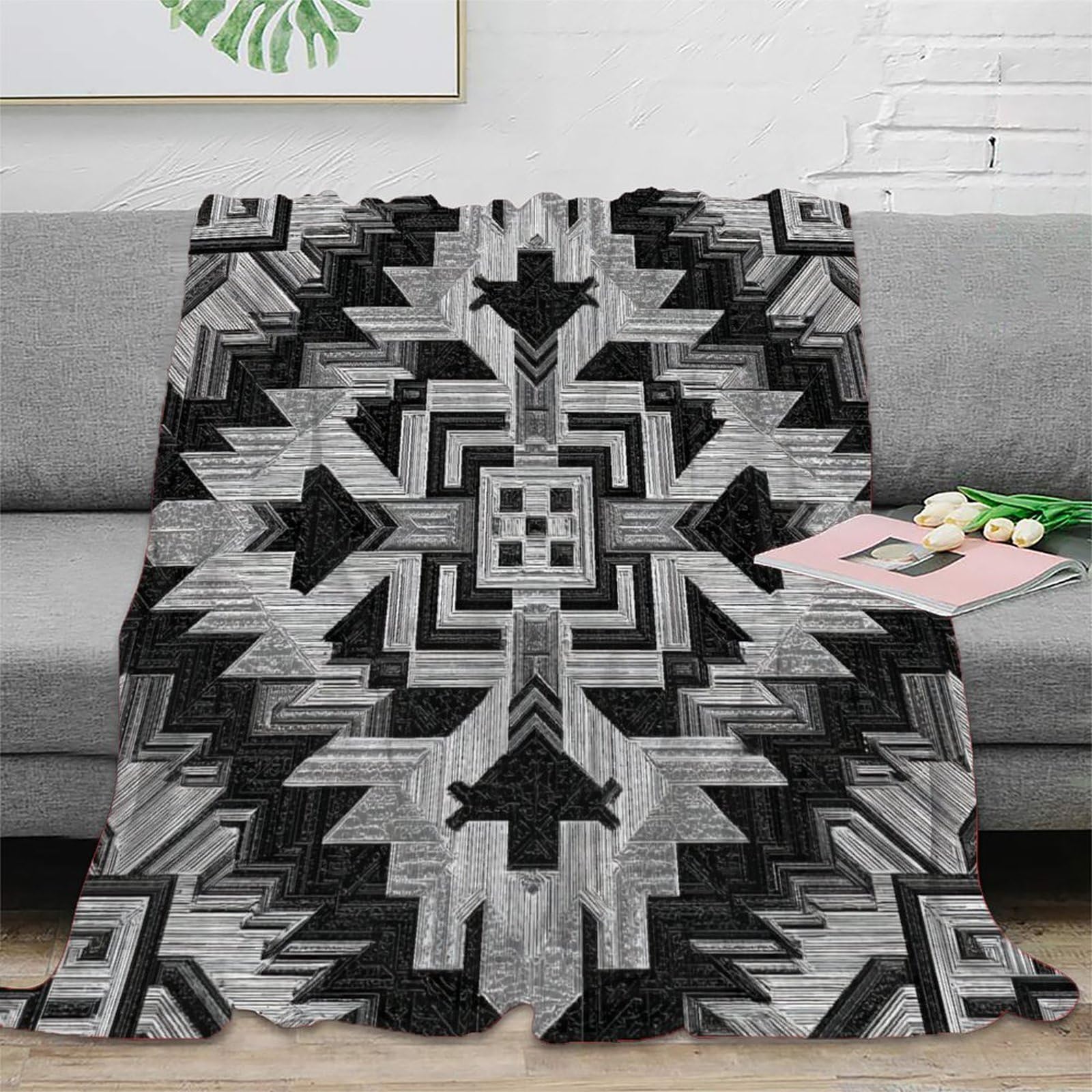 Texture piatta in bianco e nero in stile sud-occidentale, motivo inciso Manta Súper Suave | Colcha Patchwork | Funda De Viaje Cómoda Y Esponjosa 80x90inch(200x230cm)
