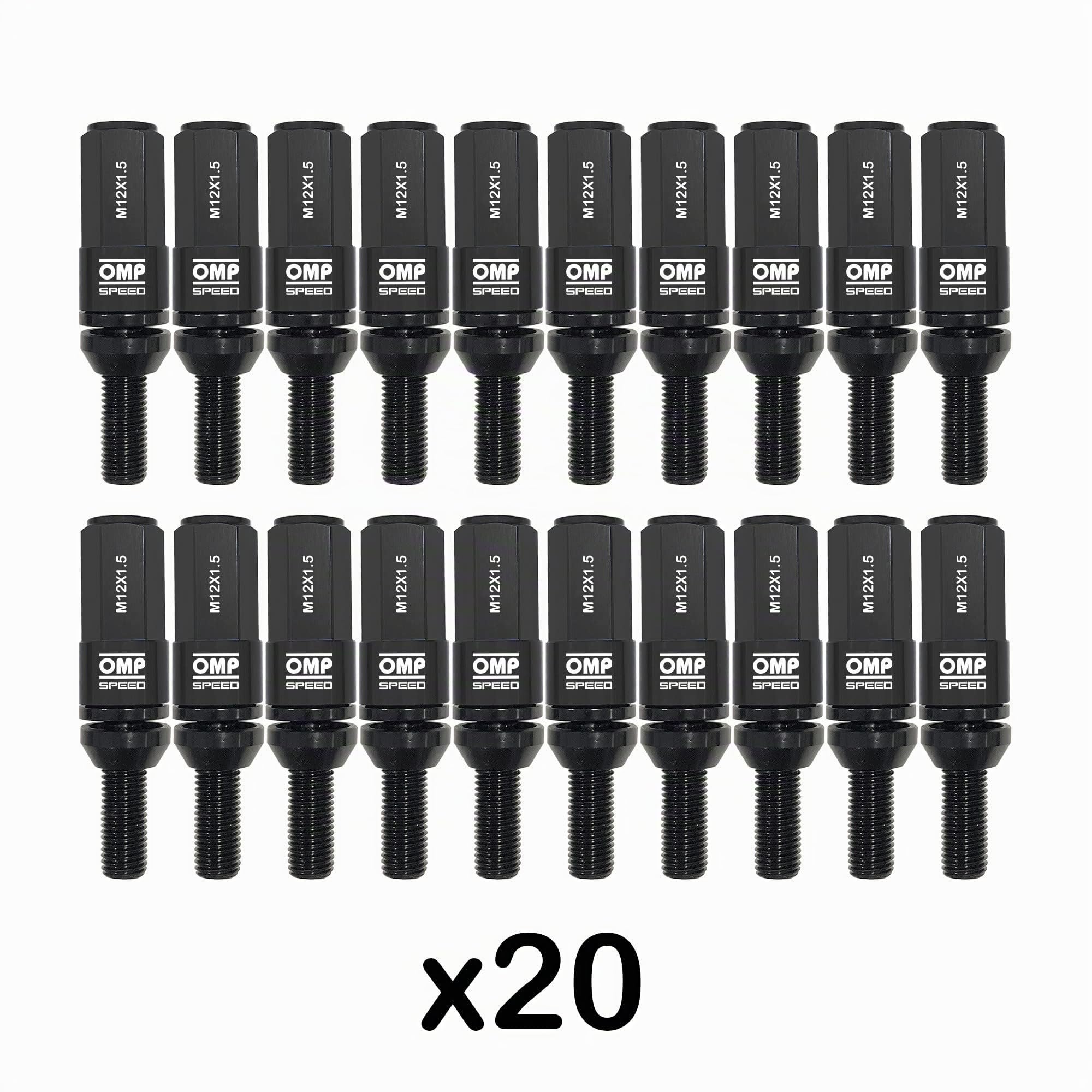 OMP SPEED Set 20 Bulloni Ruota Neri con Chiave Filettata M12X1.5 Metrica 17-19 Lunga 28MM con Protezione in Alluminio Nero 7075 + DIN 12.9
