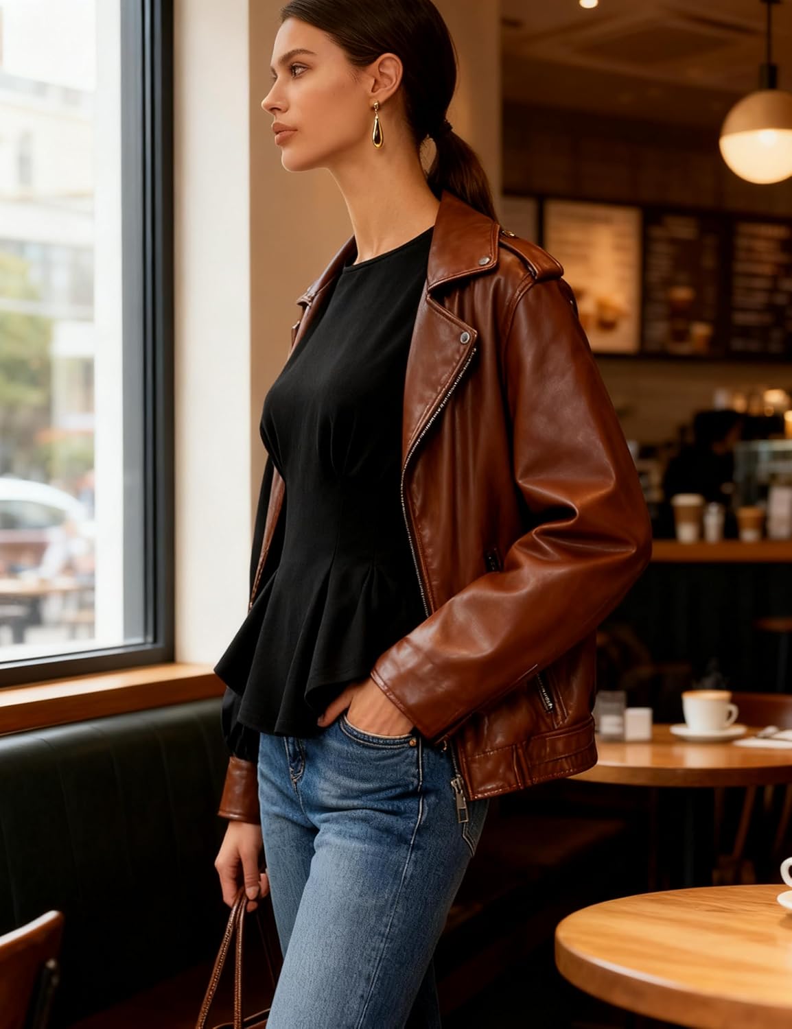 Zhiyouni Women's Peplum Sweatshirt Round Neck Balloon Long Sleeve Pullover Tops Tunic Shirt - Image 2