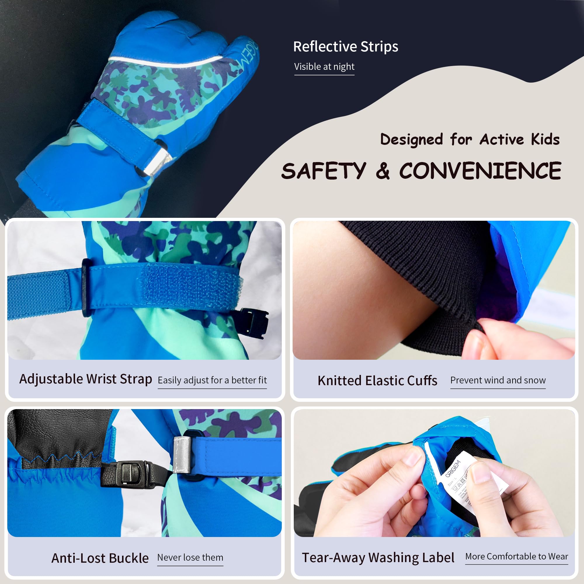 Origem Guanti Neve Invernali Bambino Bambina, 3M Thinsulate Impermeabili Guanti Sci Termici con Touchscreen a 5 Dita Riflettenti Antiscivolo per Bambini 4-14 anni Snowboard Sciare Calcio Bici