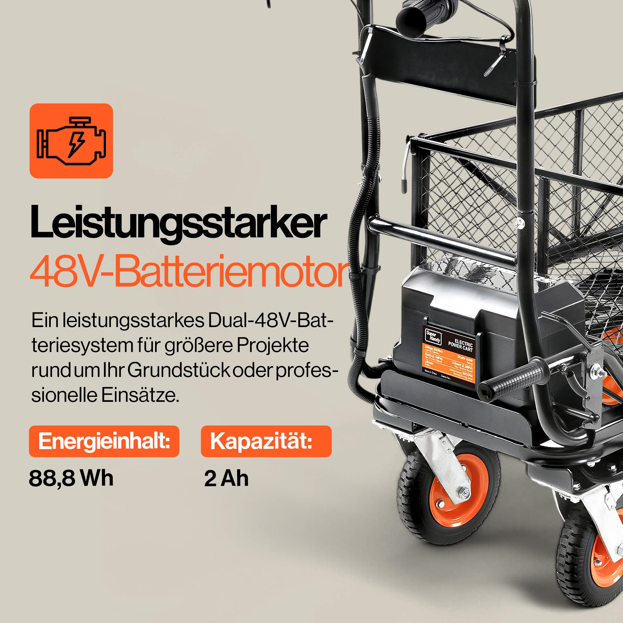 SuperHandy Elektro-Schubkarre,48 V,300 kg Traglast, 460 kg Zugkraft