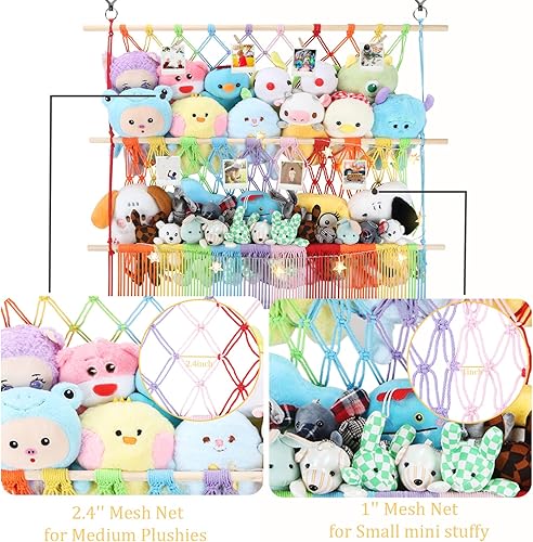 Miniatura 3 de Red de almacenamiento para animales de peluche de 2 niveles, red de peluche grande de 35 x 30 pulgadas con malla densa de 2.41 pulgadas para mini
