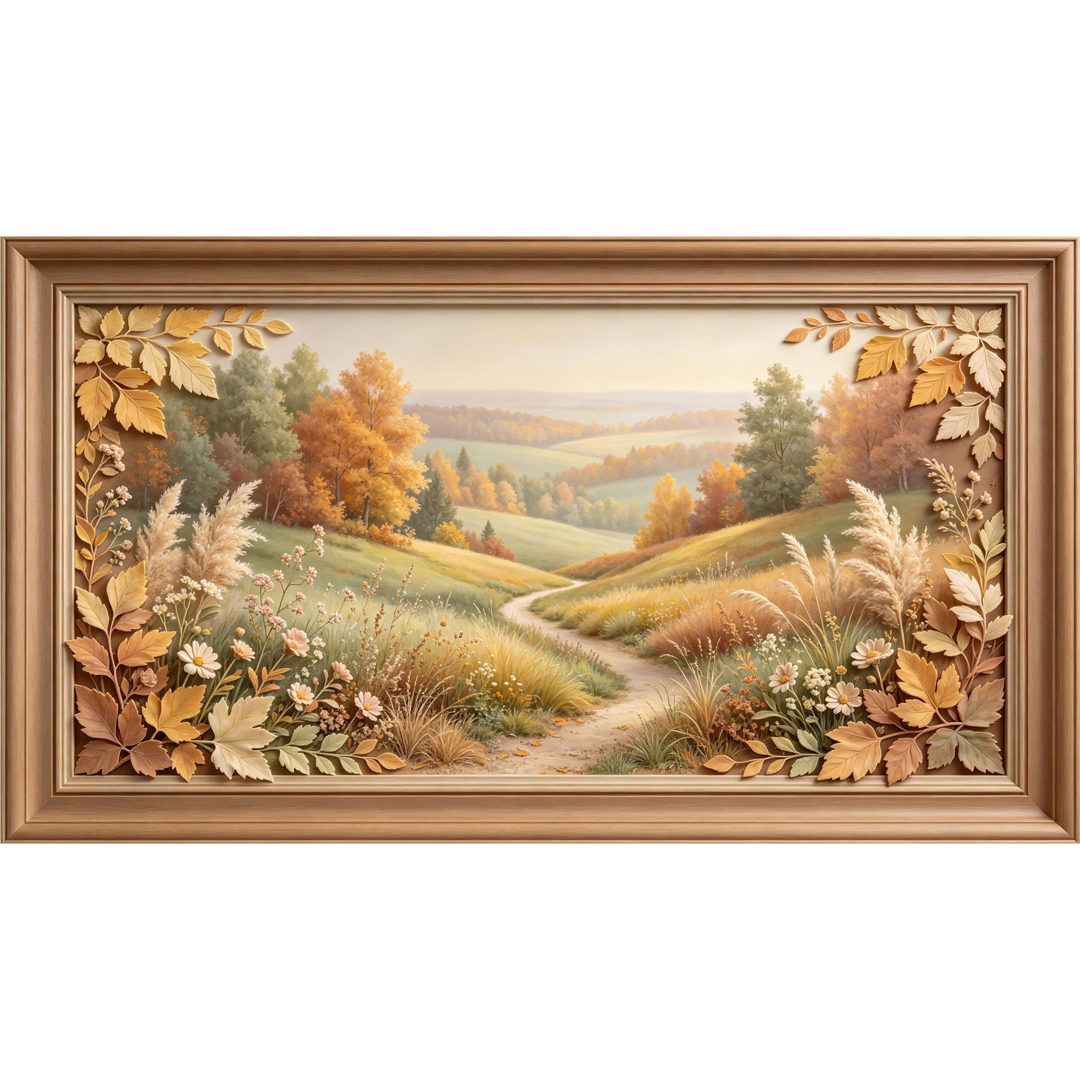 QZLITHOTIC 50x90cm3D Framed Wall Art， Autumn Landscape Botanical Pathway Self‑Adhesive Mural， Water‑Activated Peel & Stick Fabric Decor Wall Decal for Bedroom Living Room