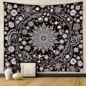 Tapzen Black and White Floral Medallion Hippie Wall Tapestry for Bedroom and Living Room 60 x 40 inches