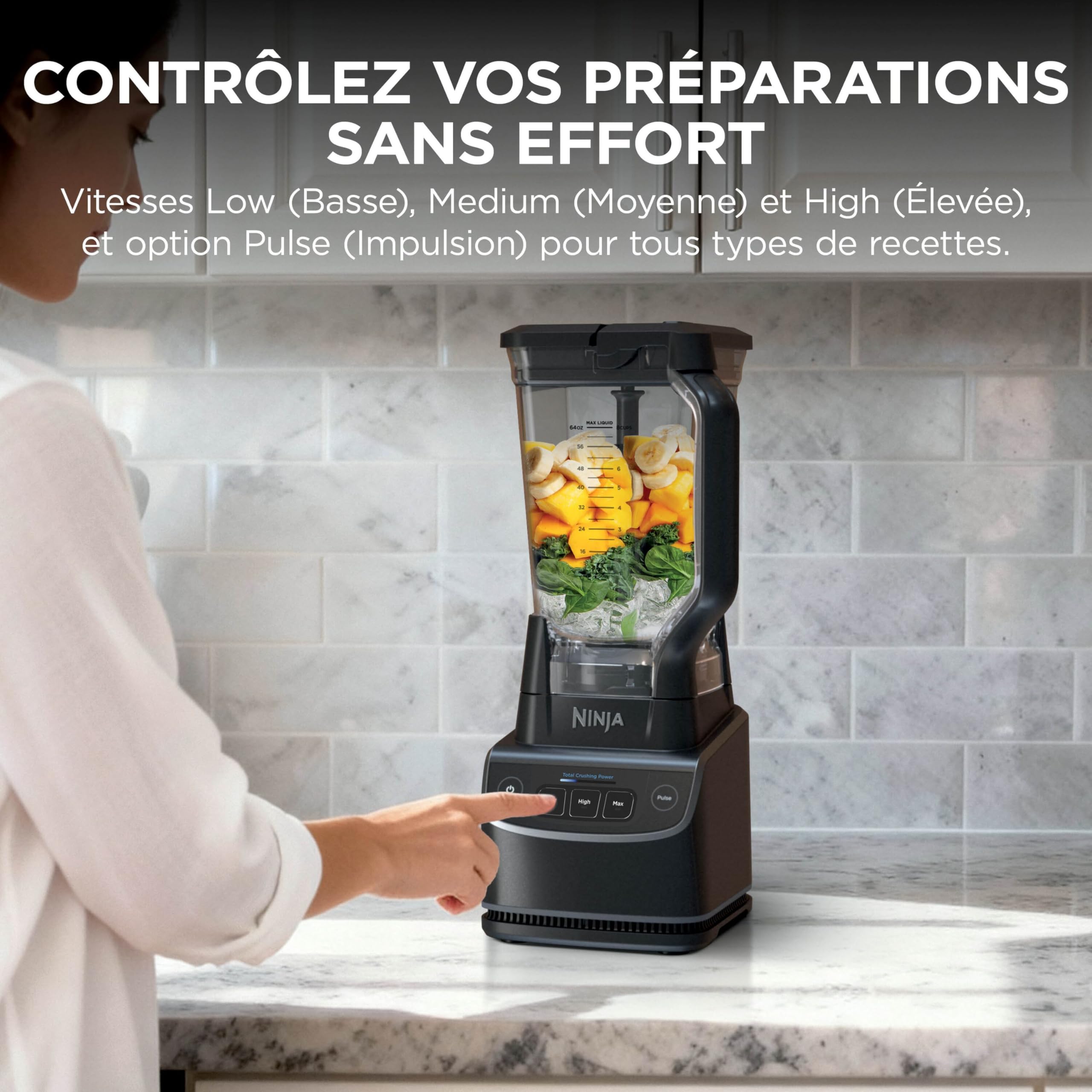 Ninja UltraCrush Mixeur Blender, 3 réglages de vitesse, 1,9L BP201EU | mode manuel Pulse (Impulsion), grande carafe à capacité de 1,9 L, pour préparer smoothies, sauces et plus, Noir