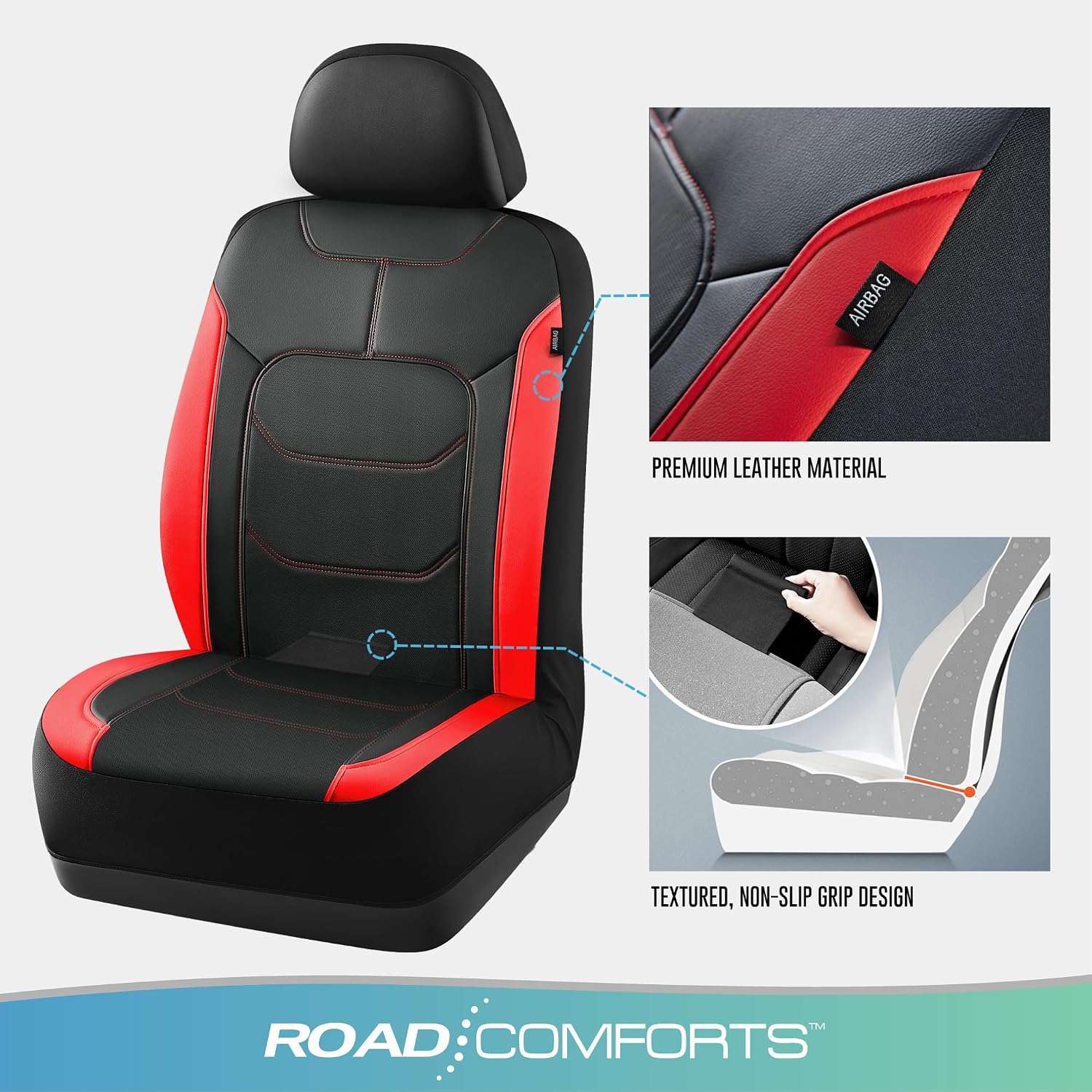 Road Comforts Seat Covers, Premium Leather Car Seat Covers Full Set,Airbag Compatible, Automotive Seat Covers Universal Fit Most Cars,Vans,Truck,SUV, Red