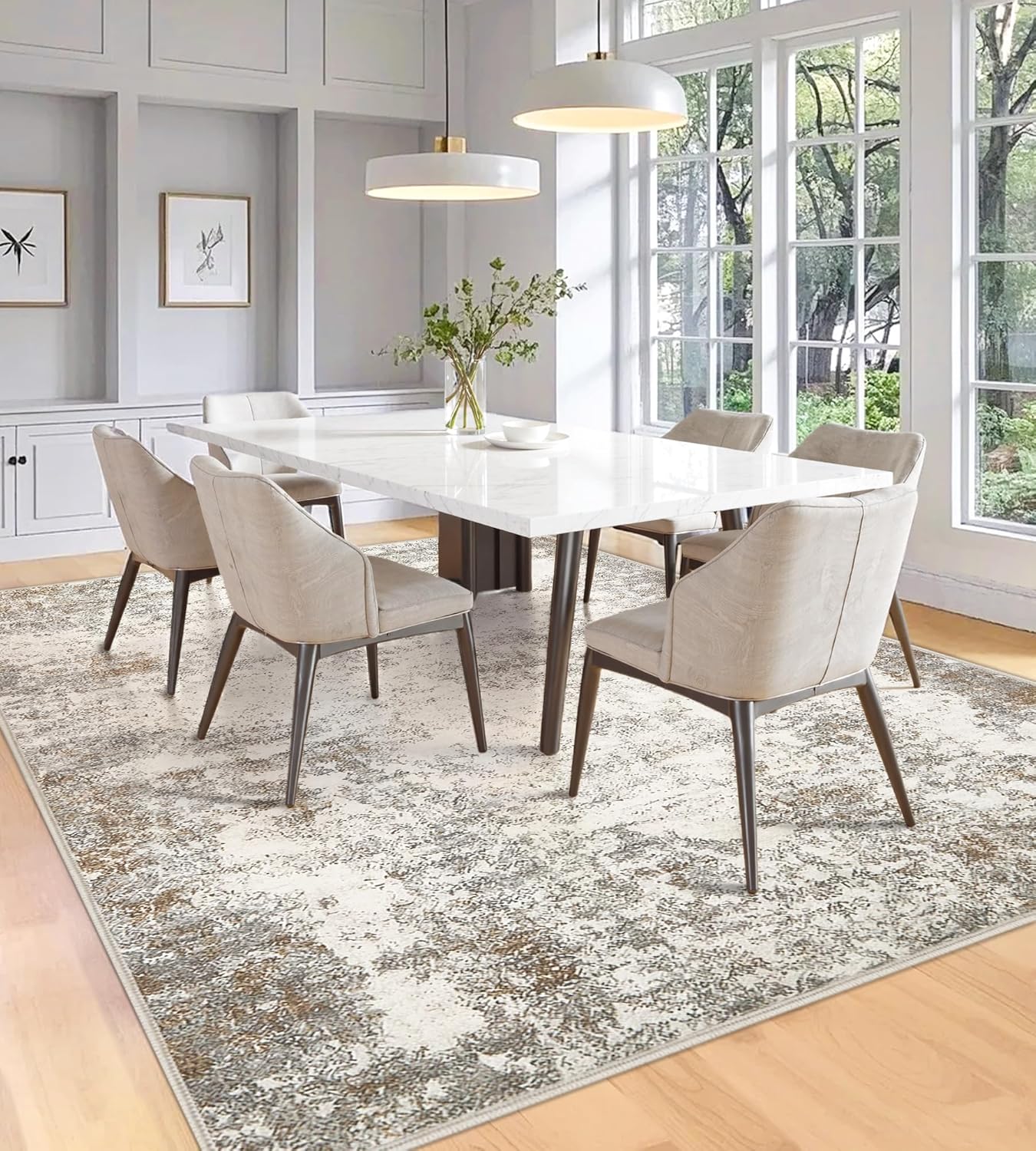 5x7 Washable Area Rugs - Modern Abstract Rugs for Living Room Non-Slip Low Pile Soft Machine Washable Carpet for Bedroom, Dining Room, Nursery, Home Office, Farmhouse (5'x7' Brown Grey)