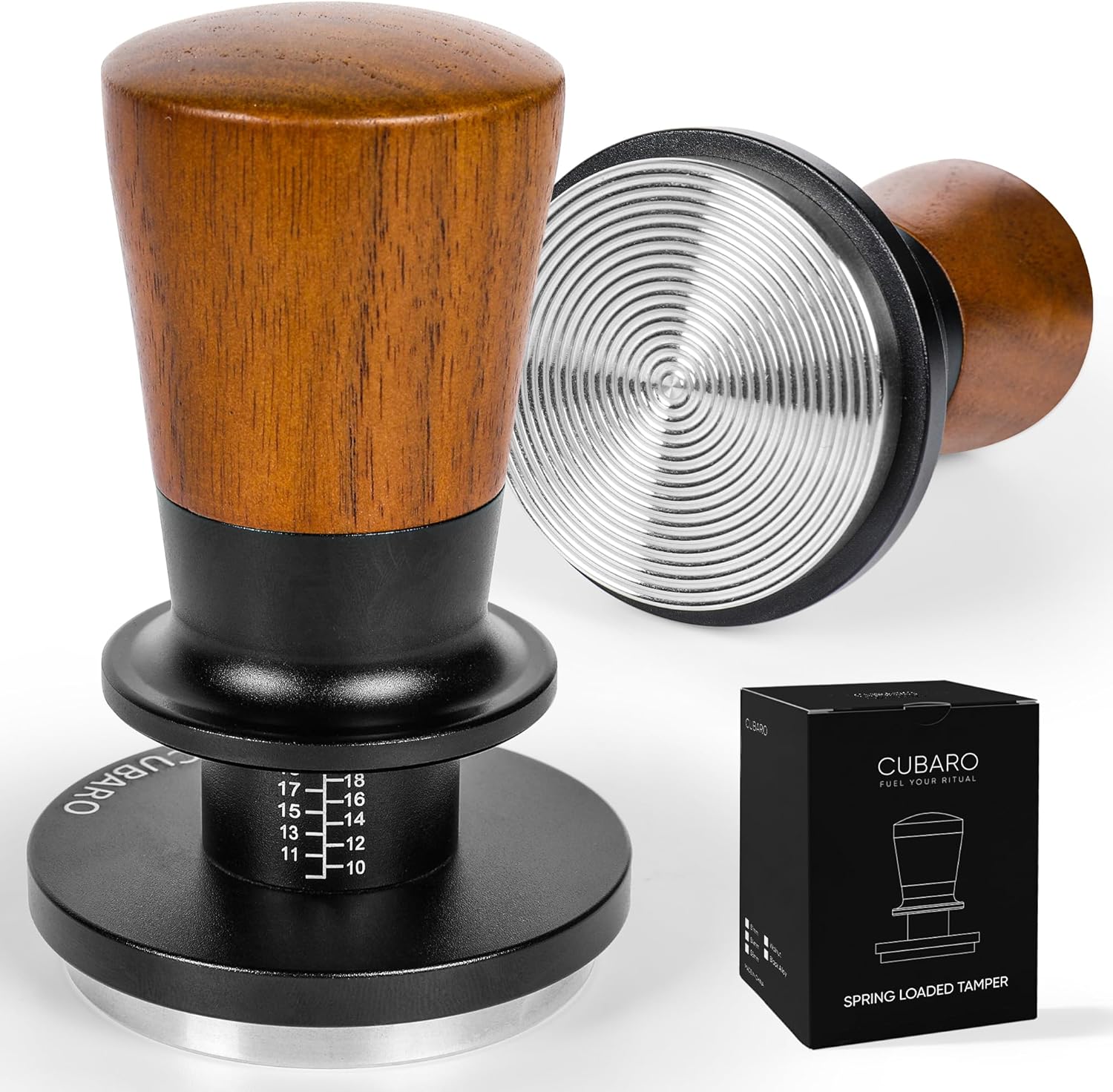 53.3mm Calibrated Espresso Tamper – 30lb Spring Loaded Auto-Leveling Coffee Tamper with Walnut Handle & Ripple Stainless Steel Base for 54mm Portafilters