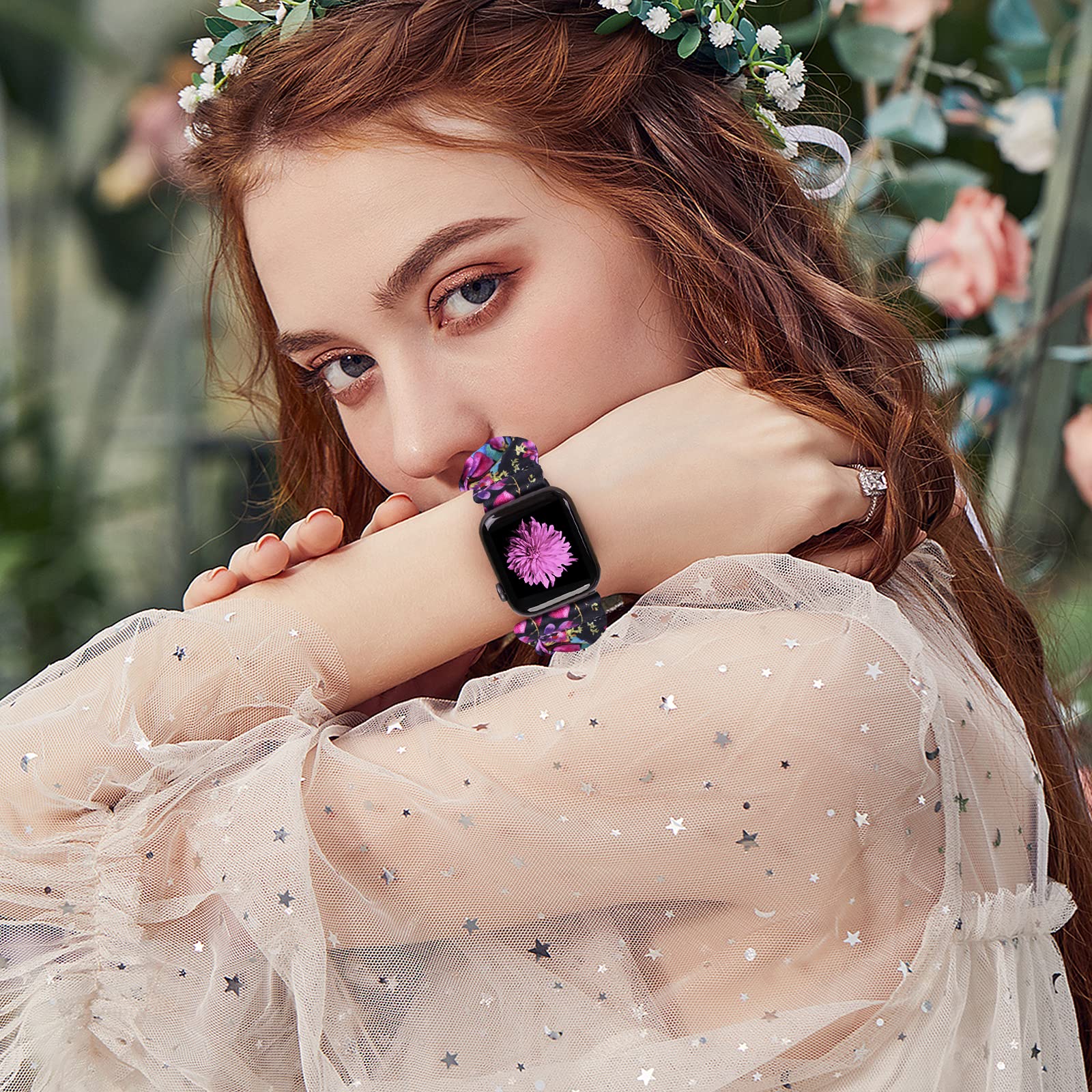 Pasek do zegarka Apple Watch Scrunchie 49 mm, 45 mm, 44 mm, 42 mm, elastyczny, miękki wzór, z nadrukiem, zastępcza opaska na nadgarstek, bransoletka dla kobiet i dziewcząt, do iWatch