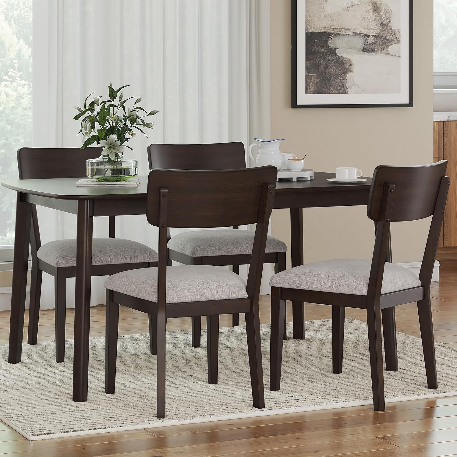 Signature Design by Ashley 5-Piece Mid-Century Modern Dining Set, Merlot | 5 piece dining table set wood, Rectangular 59 in wide table, Light gray foam cushioned seats, Favelon Series