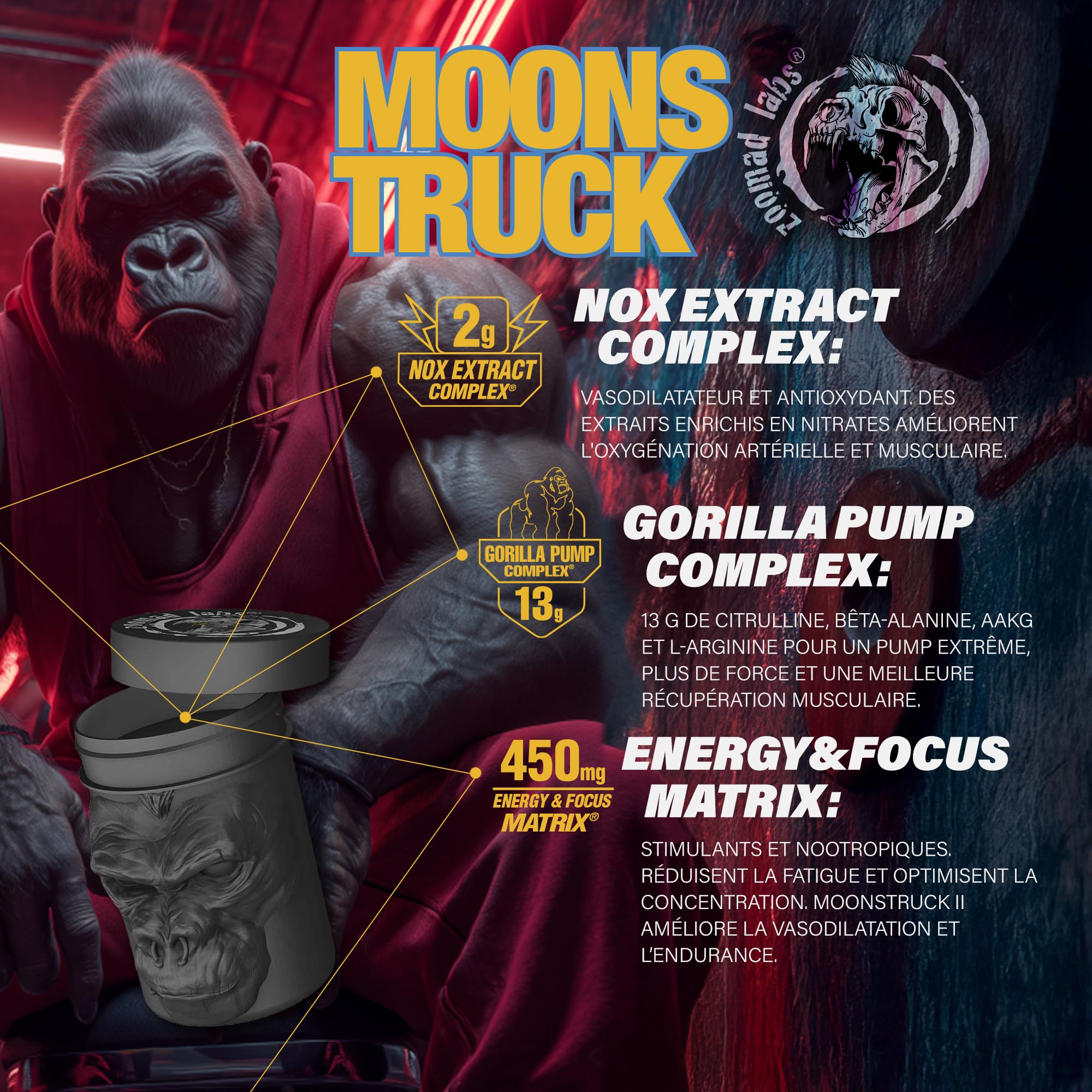 Zoomad Labs Moonstruck II Pre-Workout 510 g — Pre Workout Puissant Citrulline Bêta-Alanine AAKG · Gorilla Pump 13 g · Nitrates Betterave · 299 mg Caféine · 27 Doses