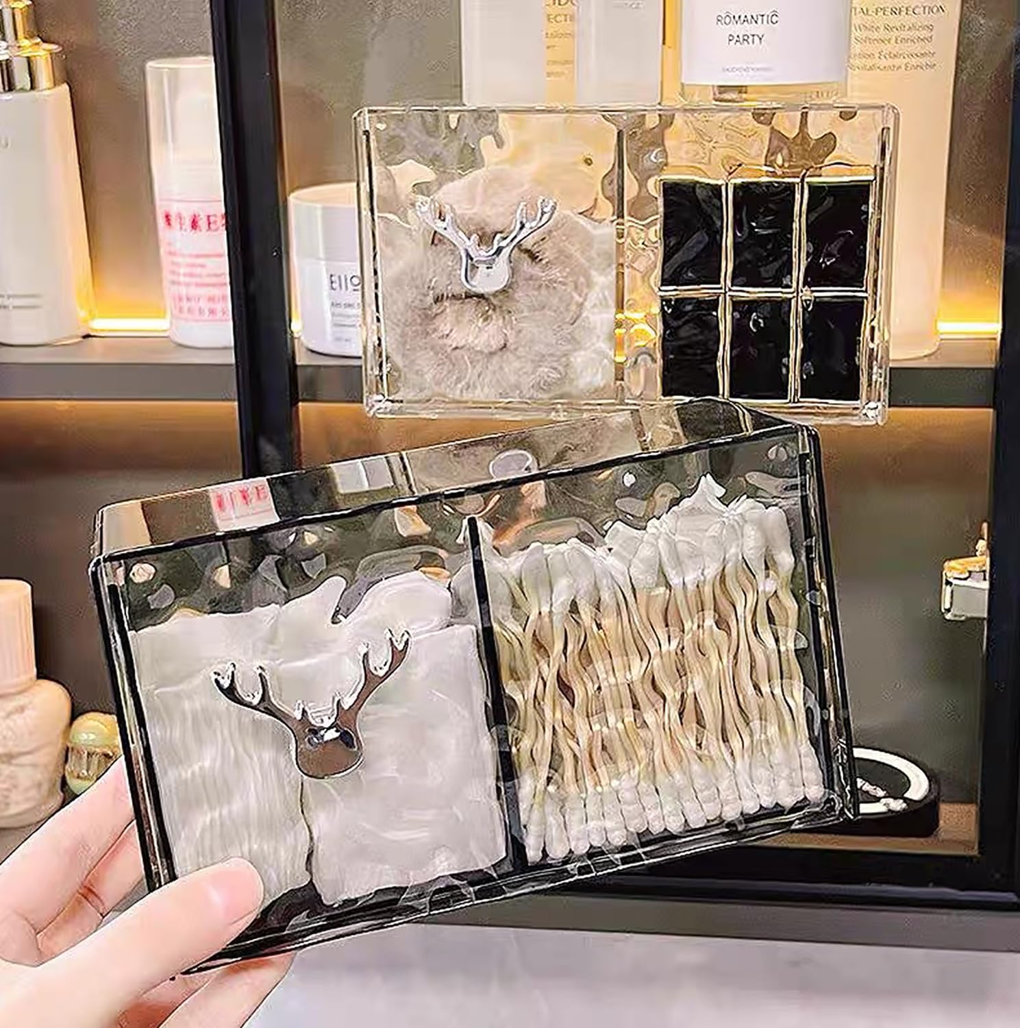 Resdenio Acrylic Qtip Holder Organizer - Wall Mounted Bathroom Storage Box Flip Cover Cosmetic Organizer No Drill, Qtip Dispenser for Cotton Swabs, Makeup Sponges, Lipstick, Bath Salts (Black)