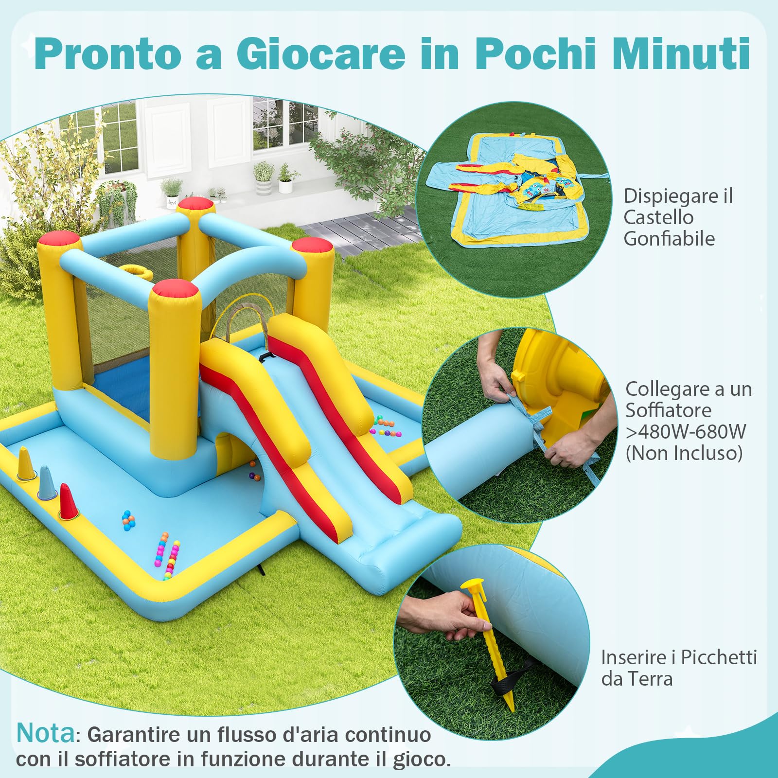 COSTWAY Castello Gonfiabile 7 in 1 per Bambini con Scivolo, Castello Gonfiabile con Mongolfiera, 50 Palline, Anelli e Basket, Gioco Gonfiabile da Interno ed Esterno, per Bambini da 3 a 10 Anni