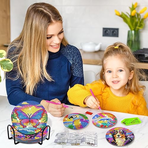 Miniatura 7 de Posavasos de arte de diamante, kit de posavasos de arte de diamantes de mariposa, 8 posavasos de pintura de diamante, con soporte, kit de posavasos