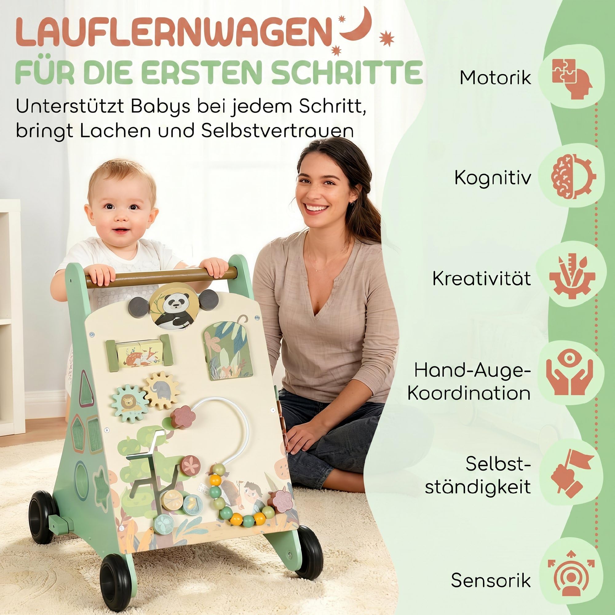 AIYAPLAY Lauflernwagen Holz Montessori Lauflernhilfe Xylophon Grün