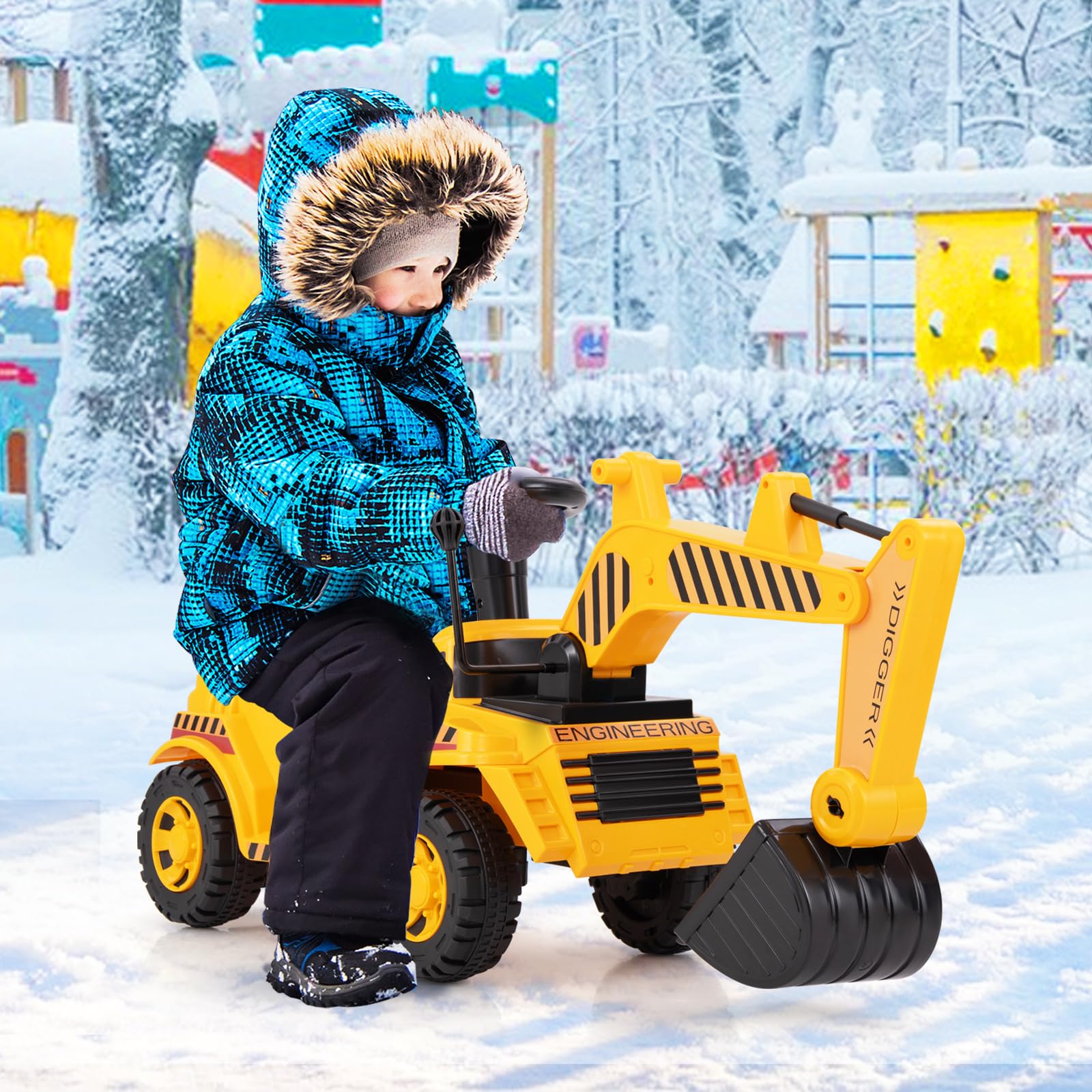 DREAMADE Kinder Sitzbagger, Bagger zum draufsitzenmit Verstellbarer Schaufel & Hupe & Kippschutz, Aufsitzbagger mit Stauraum unter Sitz, Sandbagger Sitzbagger Kinder ab 19 Monaten
