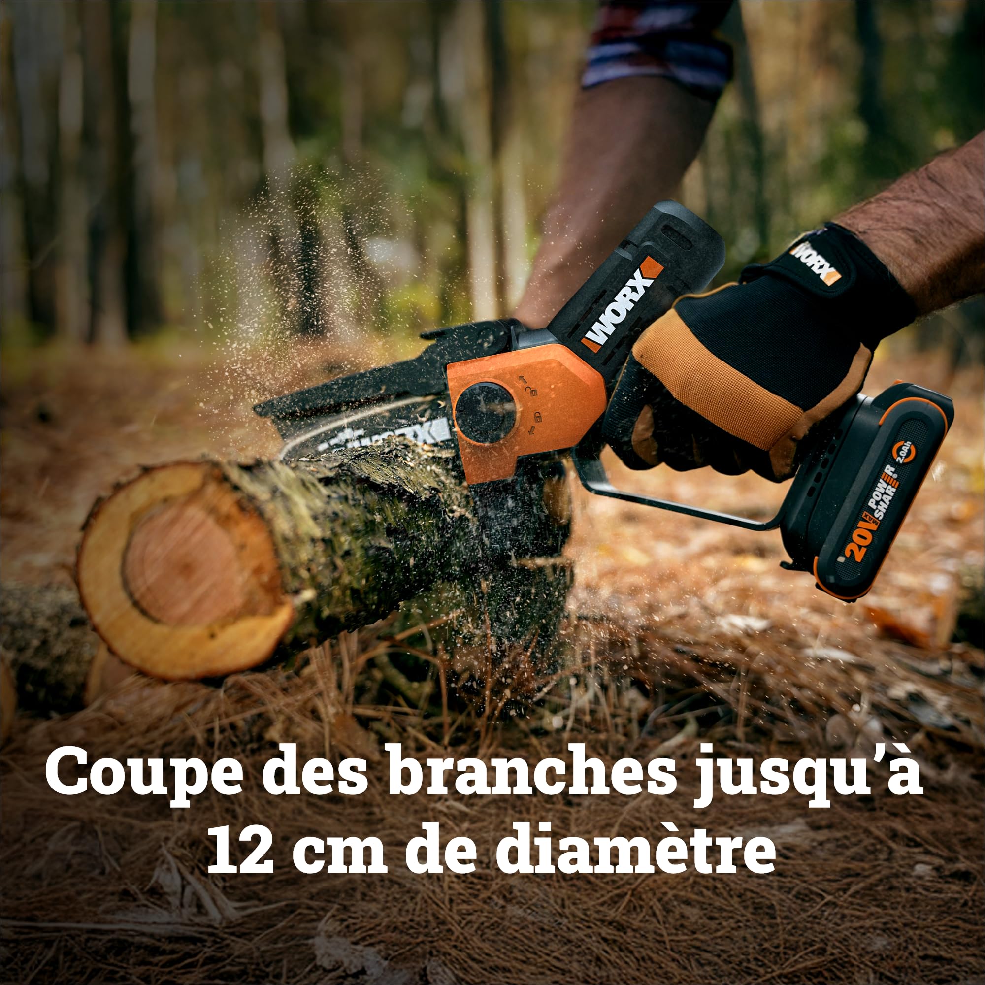 WORX Élagueuse Mini Tronçonneuse sans fil 20V WG326E.9, guide de 12 cm, moteur puissant, compacte et ergonomique, pour élagage, taille, ébranchage, tronçonnage, livrée sans batterie ni chargeur
