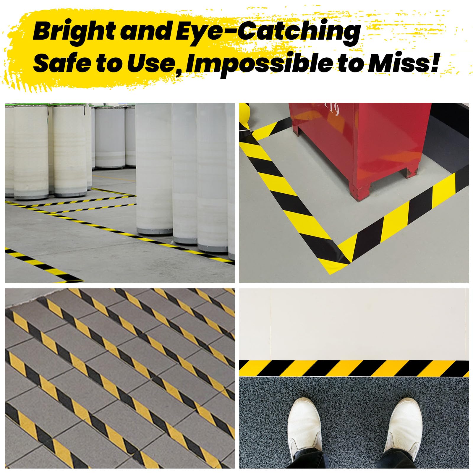 ADHES Cinta de advertencia para suelo, cinta adhesiva peligro, cinta adhesiva de señalización de seguridad, color amarillo y negro, resistente a la intemperie, 50 mm x 32 m, 5 rollos