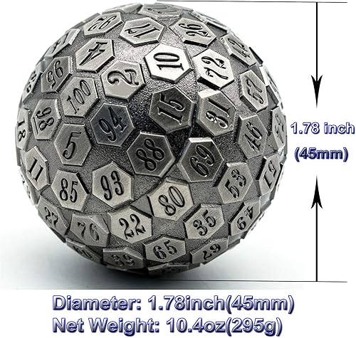 Miniatura 2 de Cusdie Dados de metal D100 DND, dados de metal gigantes de 100 caras, individual D100 con caja de regalo para juegos de rol (plata antigua)