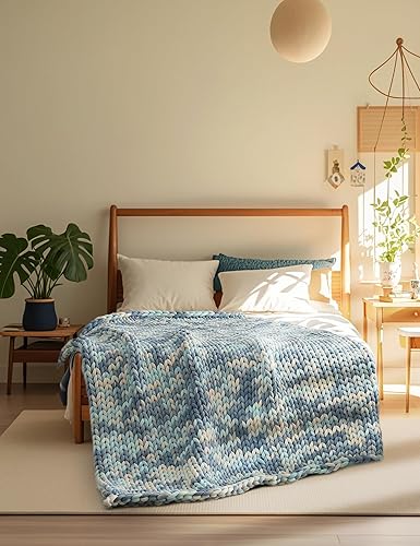 Miniatura 2 de YnM Manta de punto con peso, hecha a mano, manta con peso de punto grueso para dormir o decoración del hogar (azul claro, teñido anudado, 80 x 87