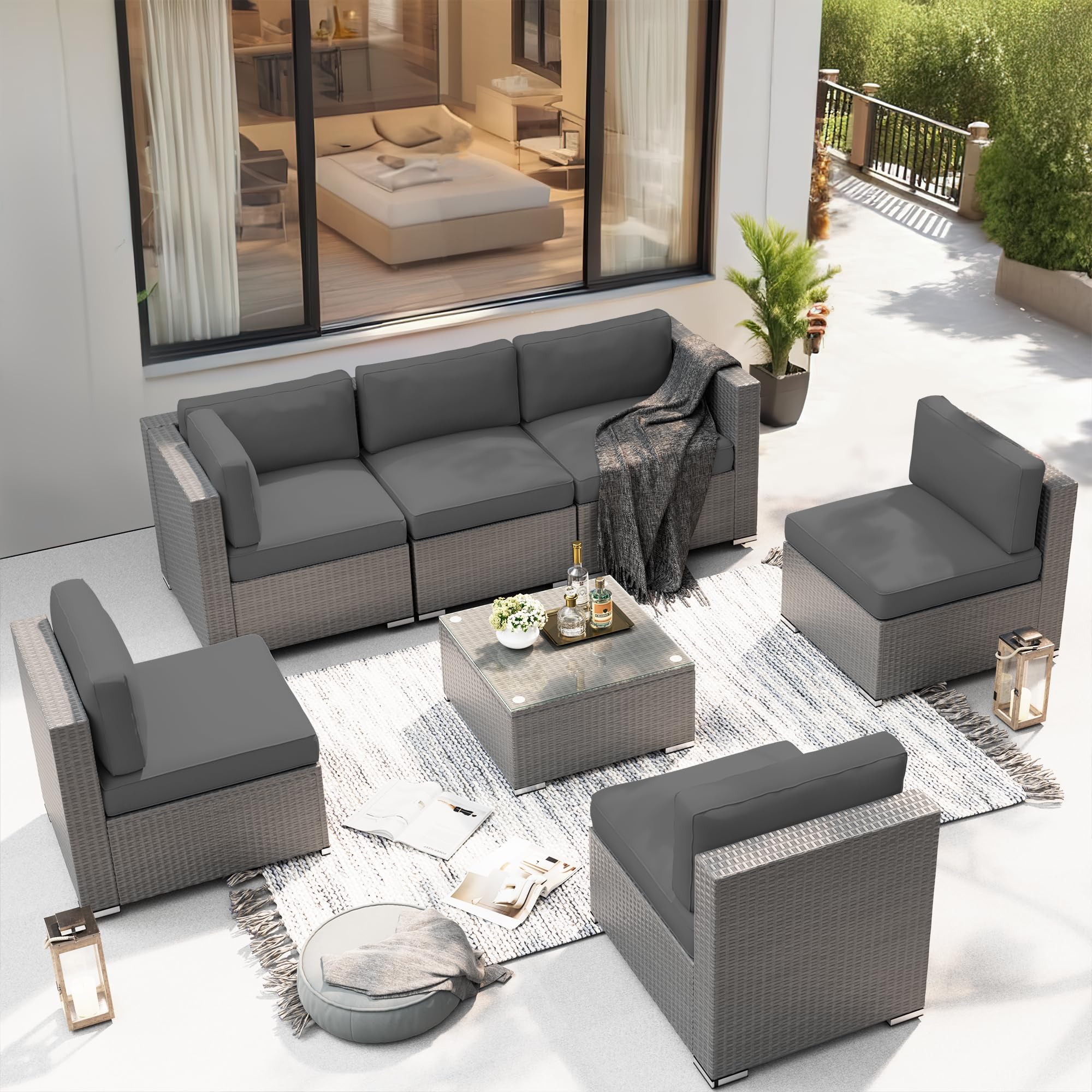 7 Pieces Outdoor Patio Furniture Set, Grey Wicker Patio Sectional Sofa Set, Outdoor Couch with Cushion and Tempered Glass Table, Grey incomplete 