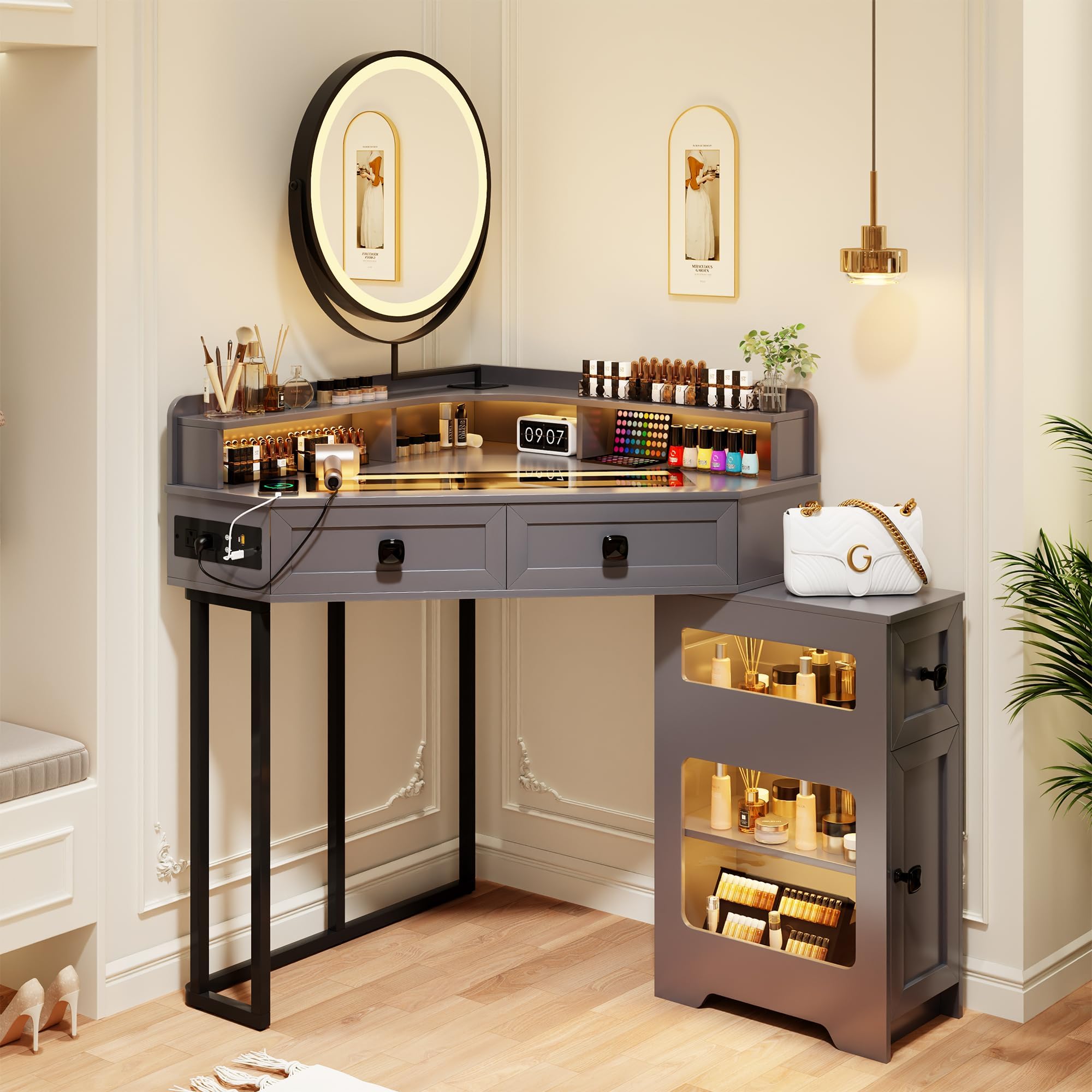 FREDEES Glass Top Makeup Vanity with Mirror and Lights