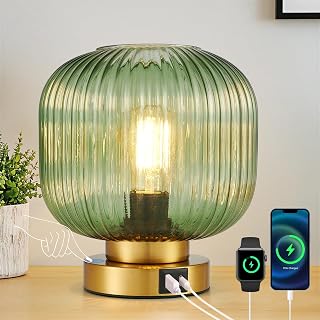 Touch Table Lamp with USB C+A Charging Ports, 3-Way Dimmable Bedside Lamp for Bedroom, Green Glass Shade & Brass Base, Plug-in E26 Desk Lamp for Nightstand Living Room Home Office Home Décor