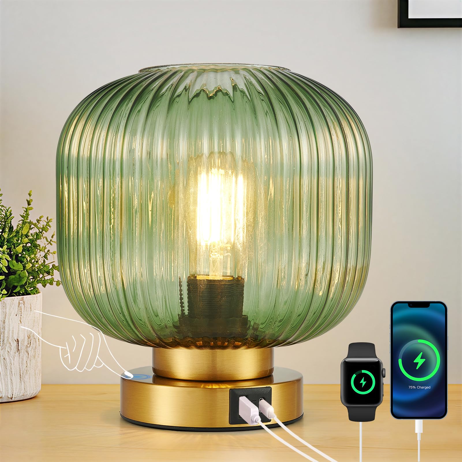Harper Living Green Table Lamp With Usb-C & Usb-A Charging Ports, Touch Control Dimmable Desk Lamp, Glass Shade & Brass Base Bedside Light For Bedroom Office Study, E27 Cap Type No Bulb