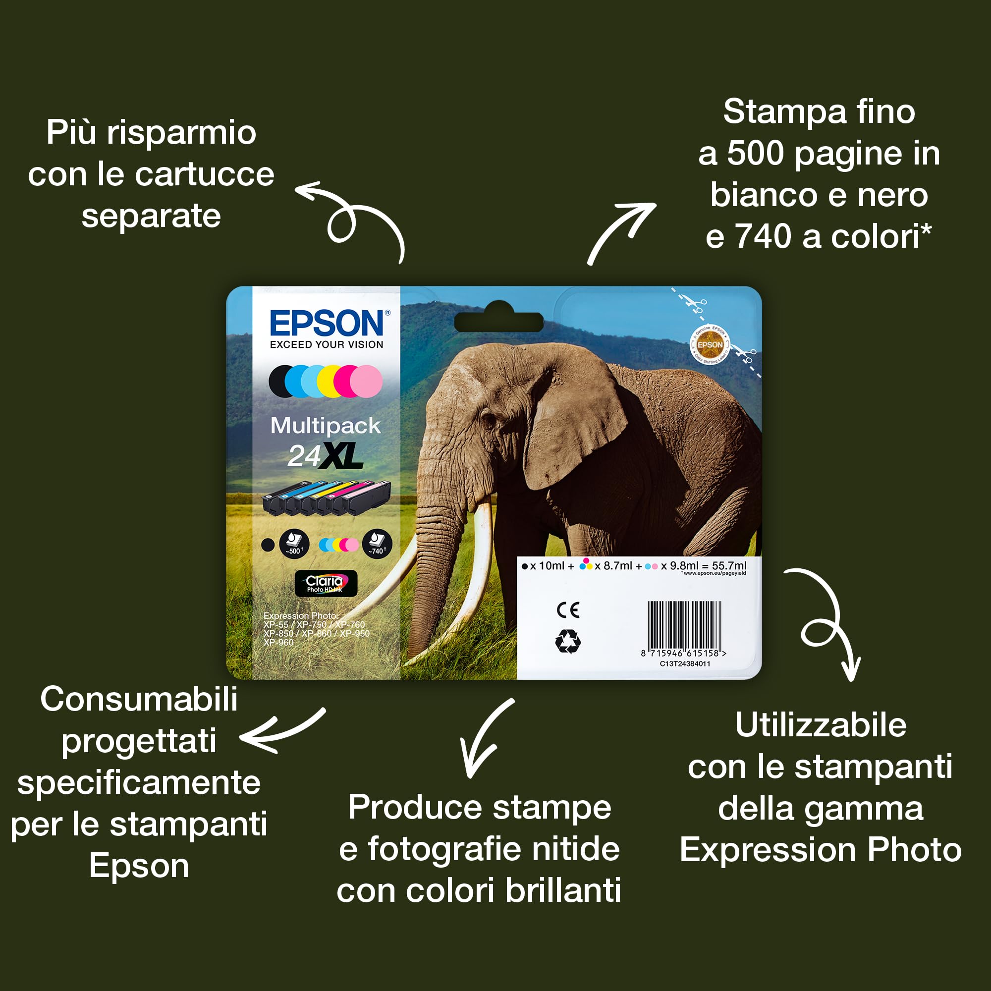 Epson Serie 24 Elefante, Cartucce Getto d'Inchiostro Claria Photo HD, Formato XL per Fotografie Ottime a 6 Colori, Stampa Fino a 740 Foto a Colori
