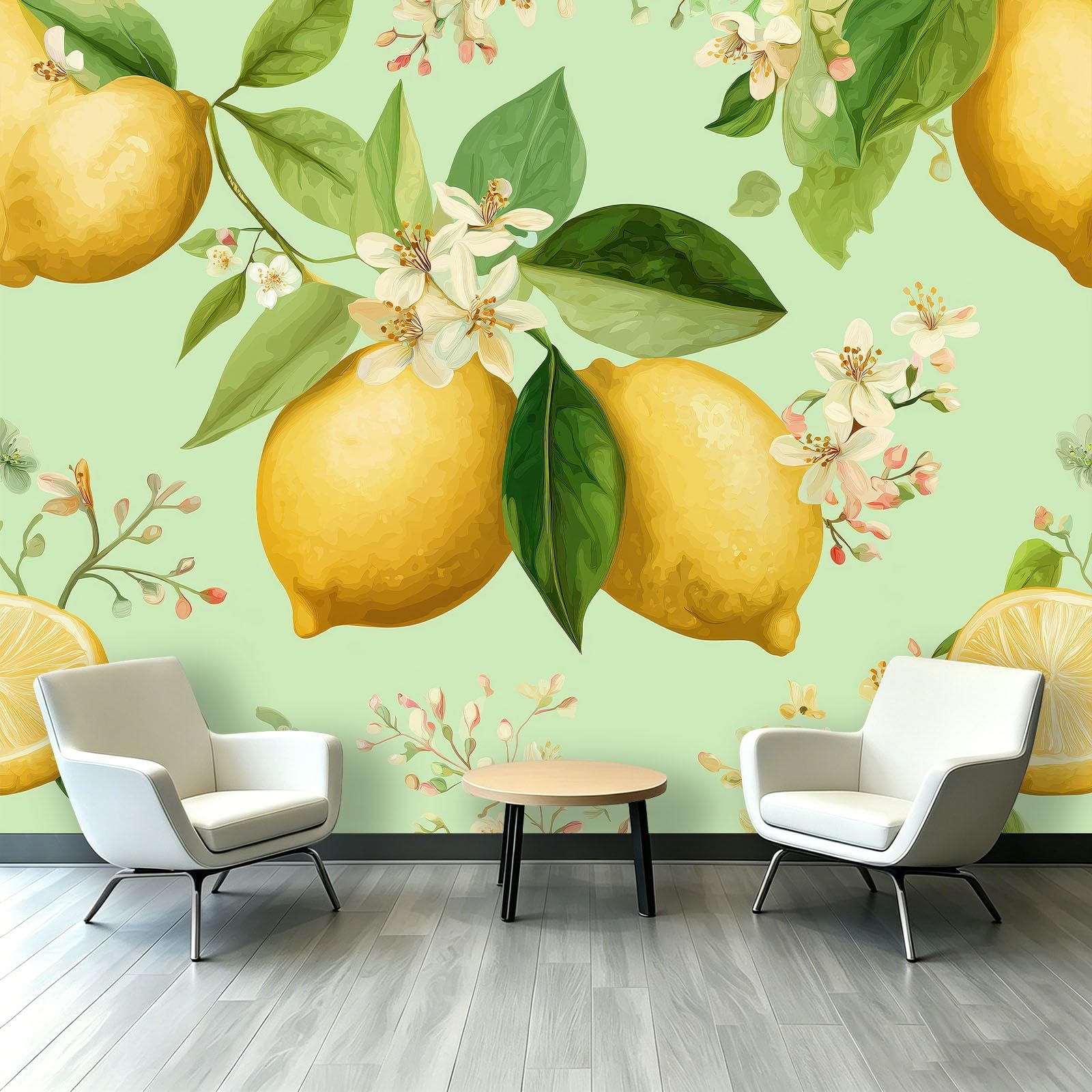 Générique Carta da parati Panoramica in tessuto non tessuto Retro Frutti floreali | Foto da parete in tessuto non tessuto 350 x 256 cm | Poster decorativo per soggiorno e camera da letto - Limone