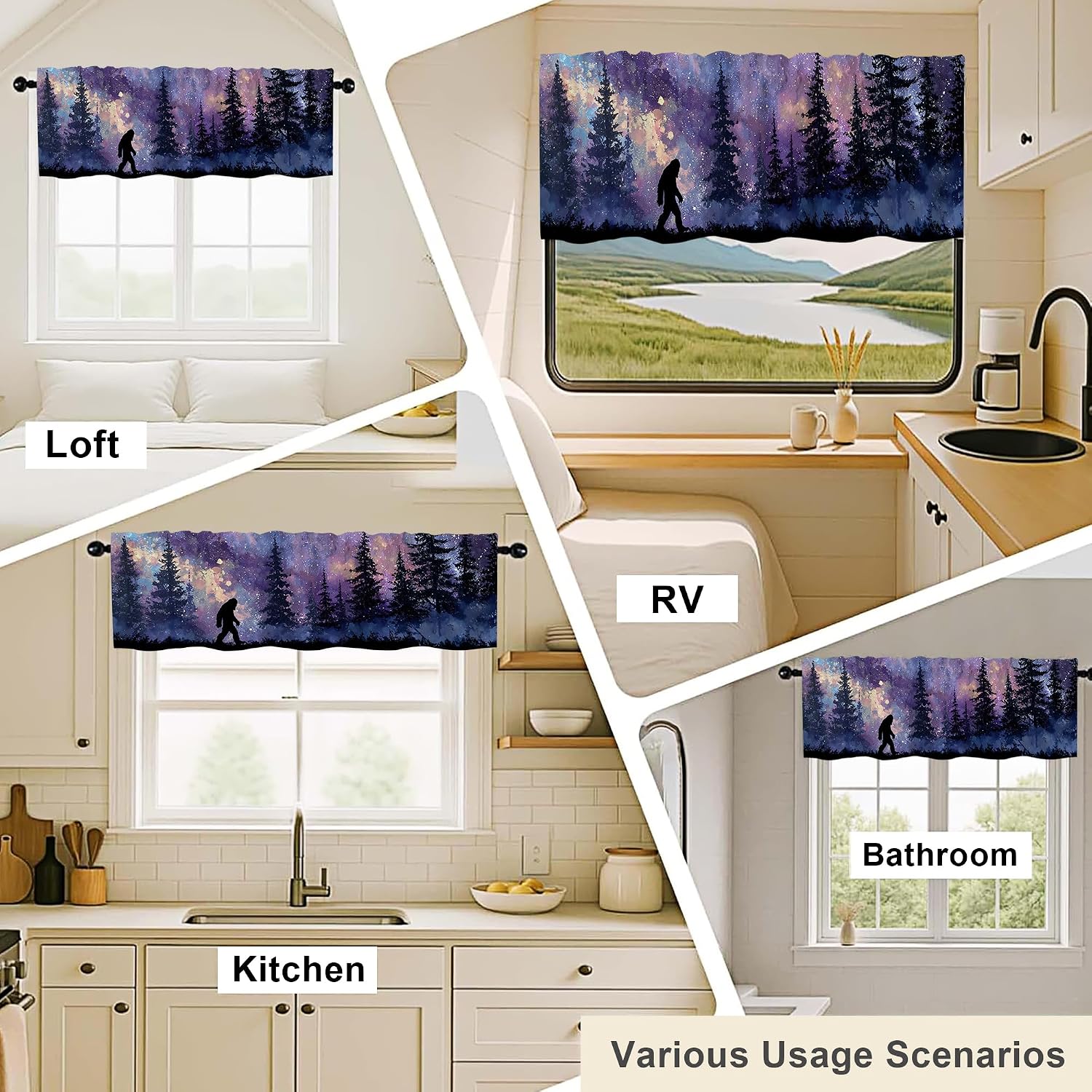 Bigfoot Valance Curtains 18x54 Inch,1 Panel,Windows Rod Pocket Valance Window Treatment for Kitchen,Bedroom Living Room,Bathroom,RV,Home Decor,Sasquatch Night Sky Galaxy Forest