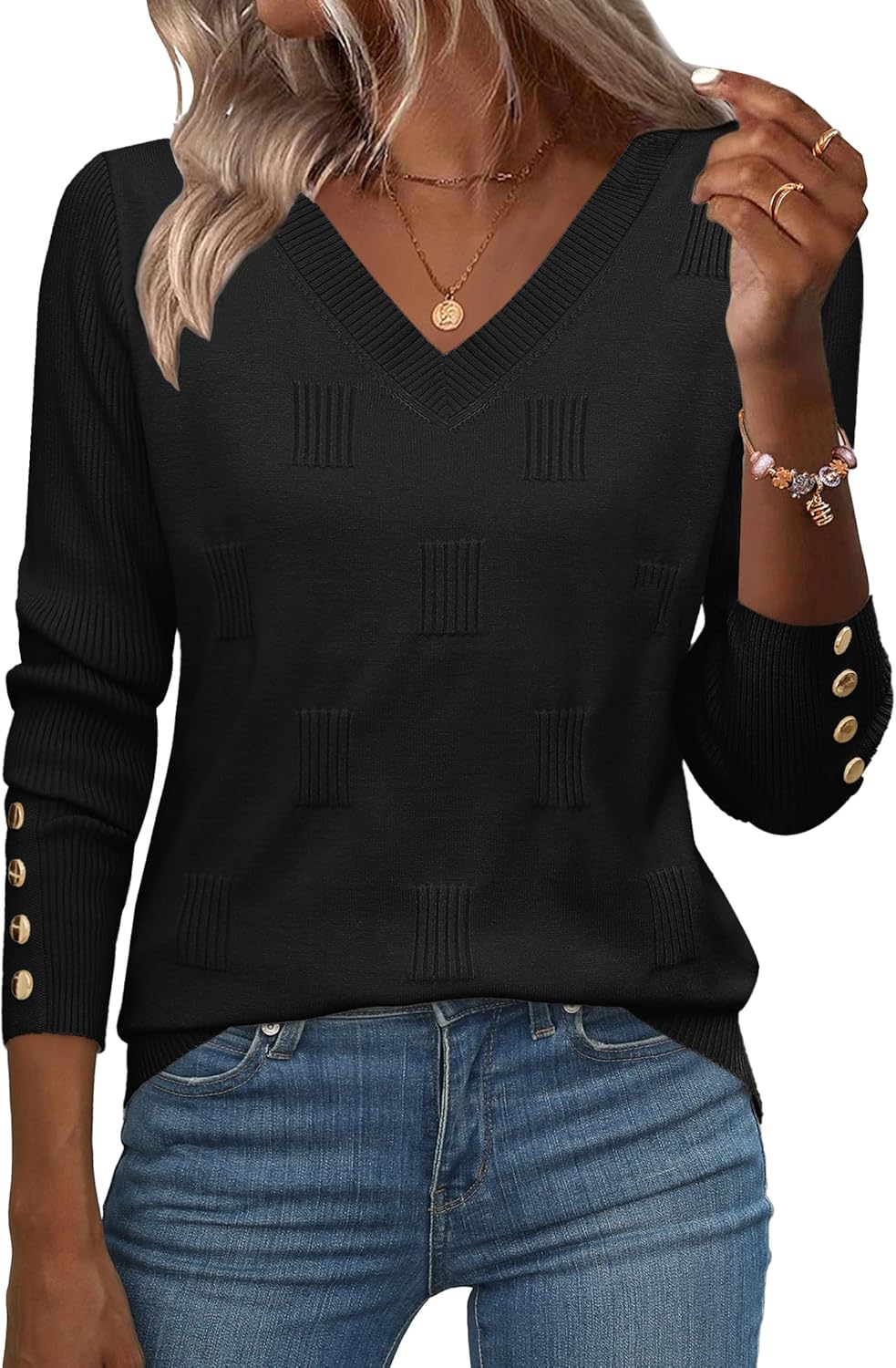 Zeagoo Womens V Neck Sweaters Shirts Long Sleeve Lightweight Ribbed Knit Pullover Sweater Blouse Tops with Buttons Oufits