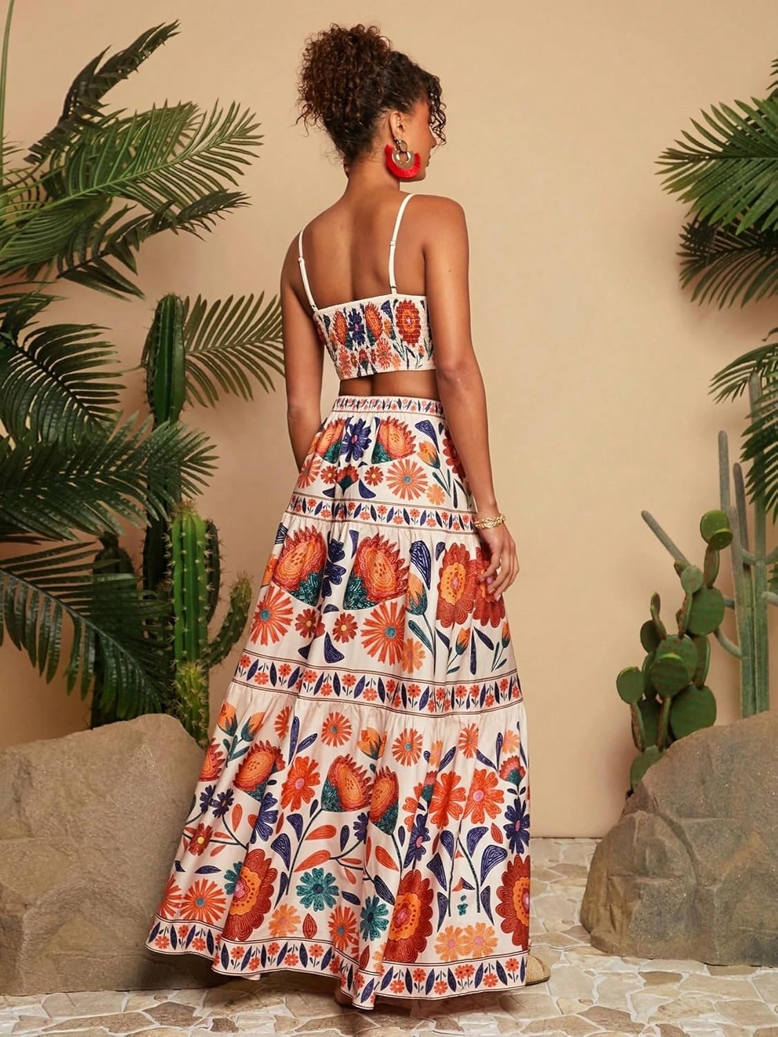 ksotutm Skirt Set Floral Halter Crop Tops and Maxi Skirt Summer Two Piece Sets for Women Going Out Outfits - Image 3