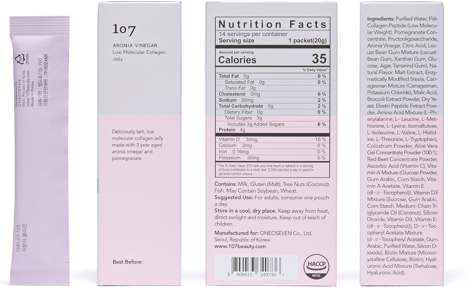 107 ARONIA Vinegar Low Molecular Collagen Jelly Stick, Contains Vitamin, Collagen, Hyaluronic Acid, Elastin, Probiotics, Korean Beauty Collagen, Supports Inner Beauty, 20g x 14 Pouches - Image 8