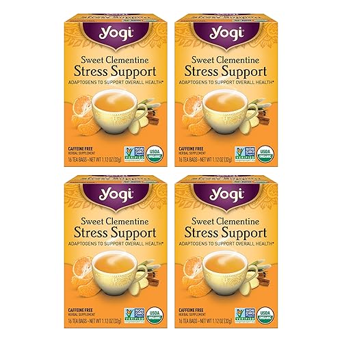 Yogi Tea Sweet Clementine Stress Support - 16 bolsas por paquete (4 paquetes) - Té de hierbas para apoyar el estrés - Té adaptógeno calmante -