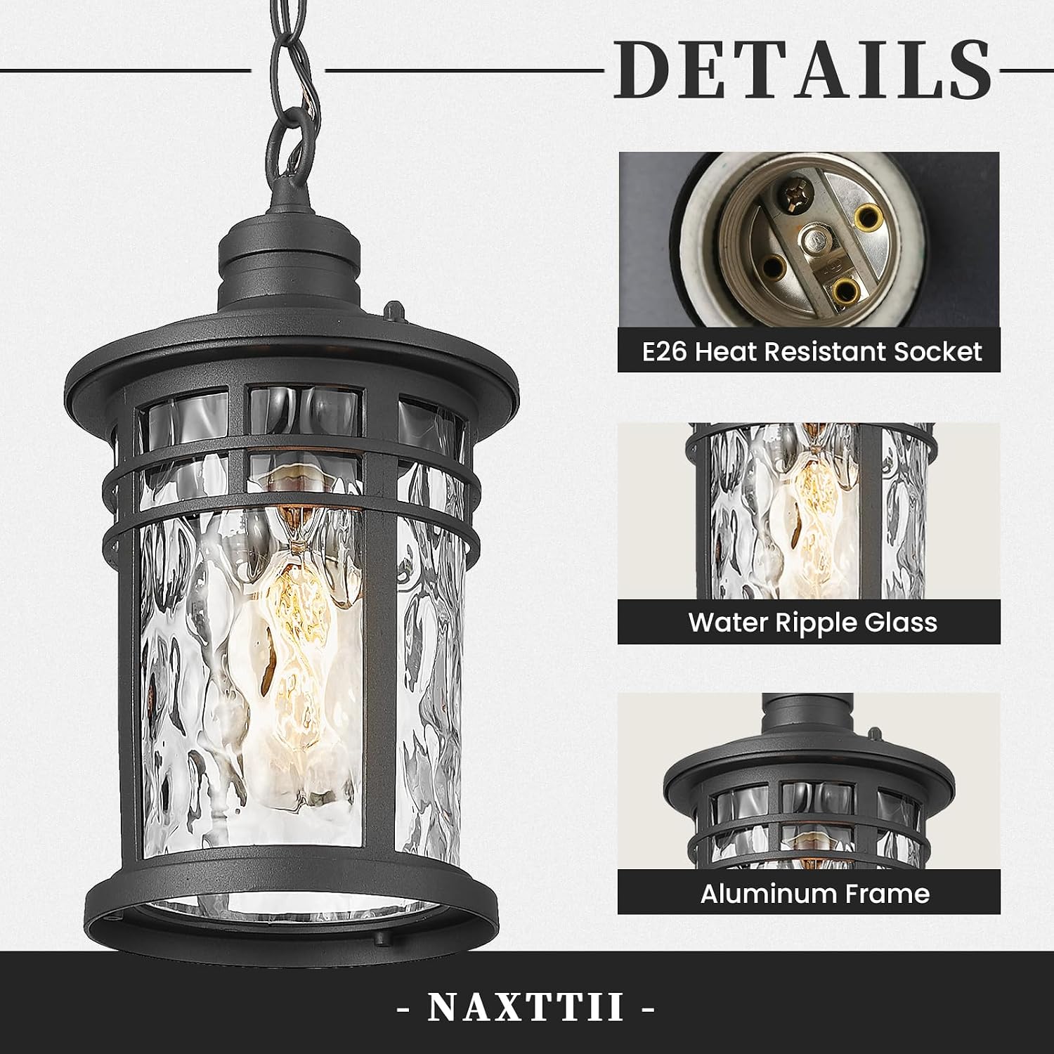 Outdoor Pendant Lights for Porch Aluminum Hanging Porch Light with Water Ripple Glass Hanging Lantern for Front Patio Gazebo Foyer or Garage