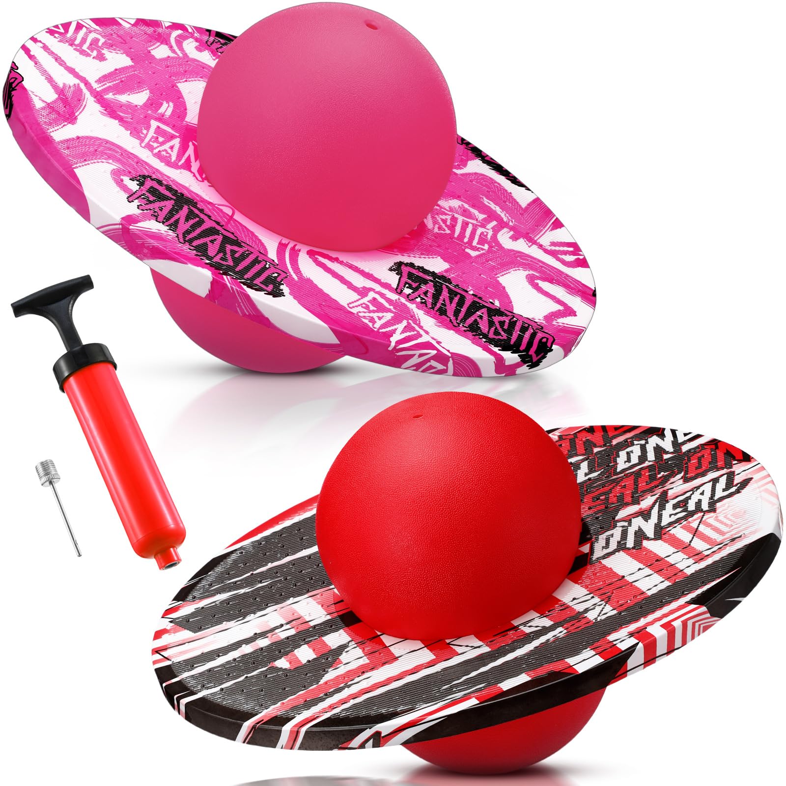 Junkin2 Pcs Pogo Ball Trick Board Toy Balance Board Pogo Balance Bounce Ball with Pump and Strong Grip Deck for Fun Challenge Fidget Indoor,Outdoor Toys(Red, Pink,Fashion Style)